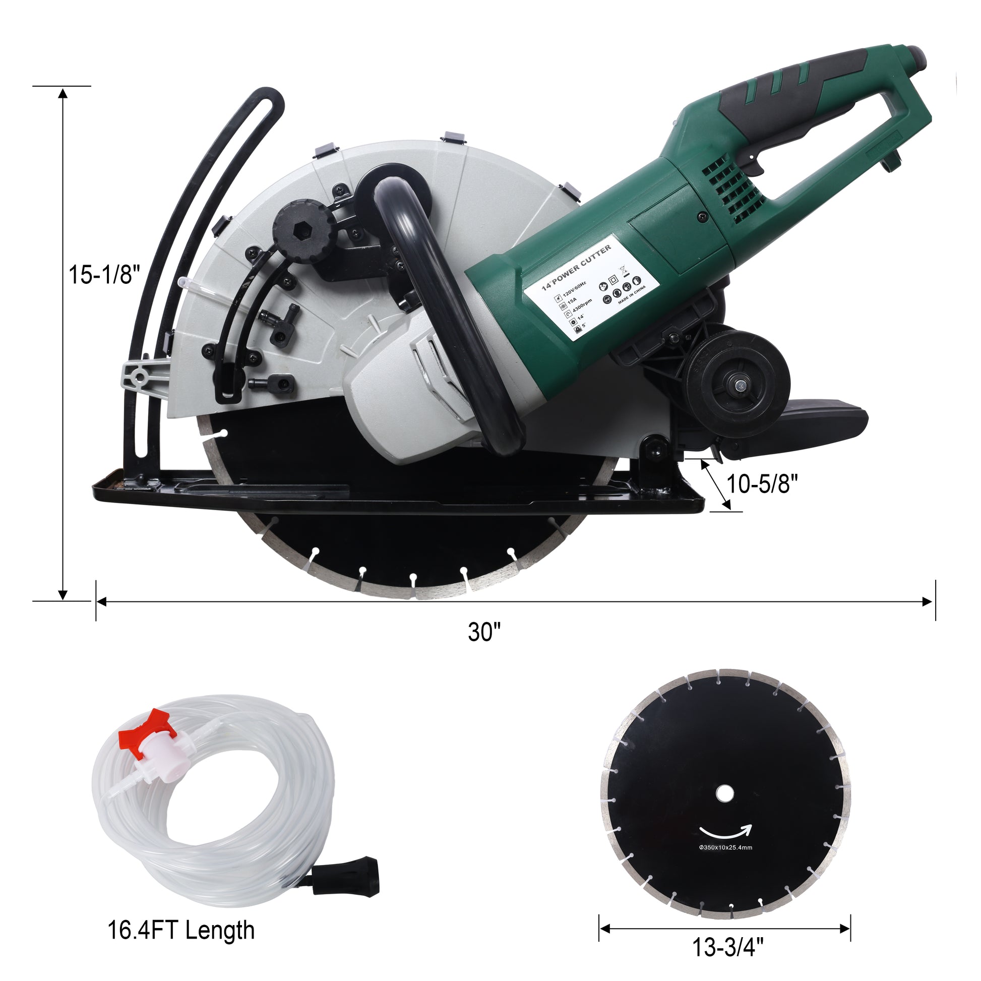 Portable 14" Wet Dry Electric Corded Circular Concrete Saw Power Angle Cutter 2600W W Water Line & Guide Roller With Blade Etl Certificate. Green Steel