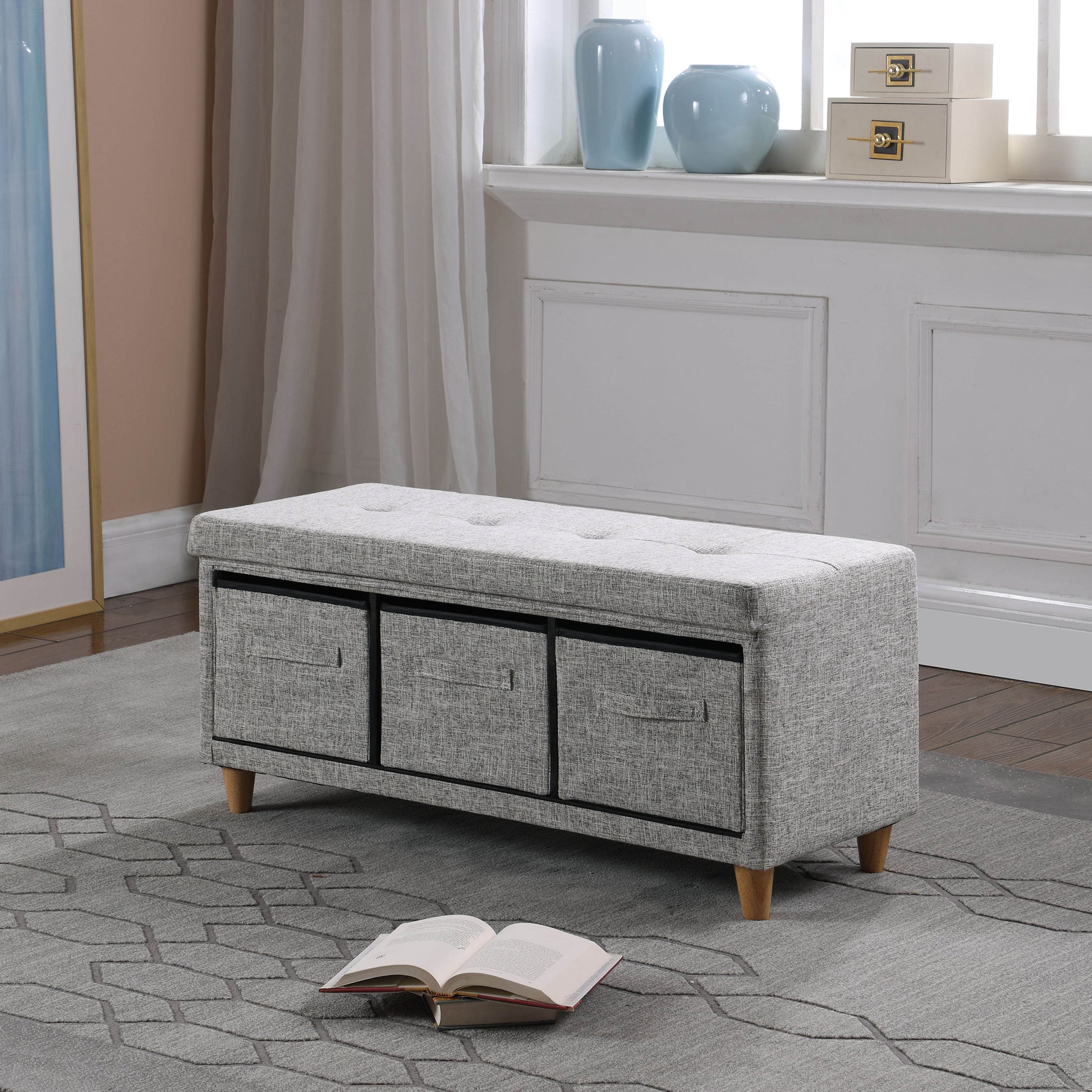 17.5" Appleby Slate Gray Tufted Bench W Storage Basket Drawers Gray Polyester