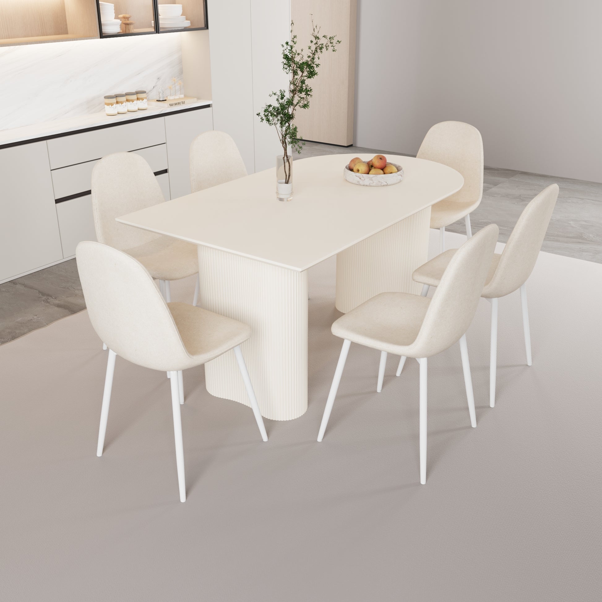 63 "Mdf Cream Style Coffee Table And Modern Dining Chair 8 Piece Set, Modern Kitchen Dining Table Set, Round Wave Table Legs, Dining Table And Round Linen Chairs Buy 6 Chairs And Get 2 Free Beige