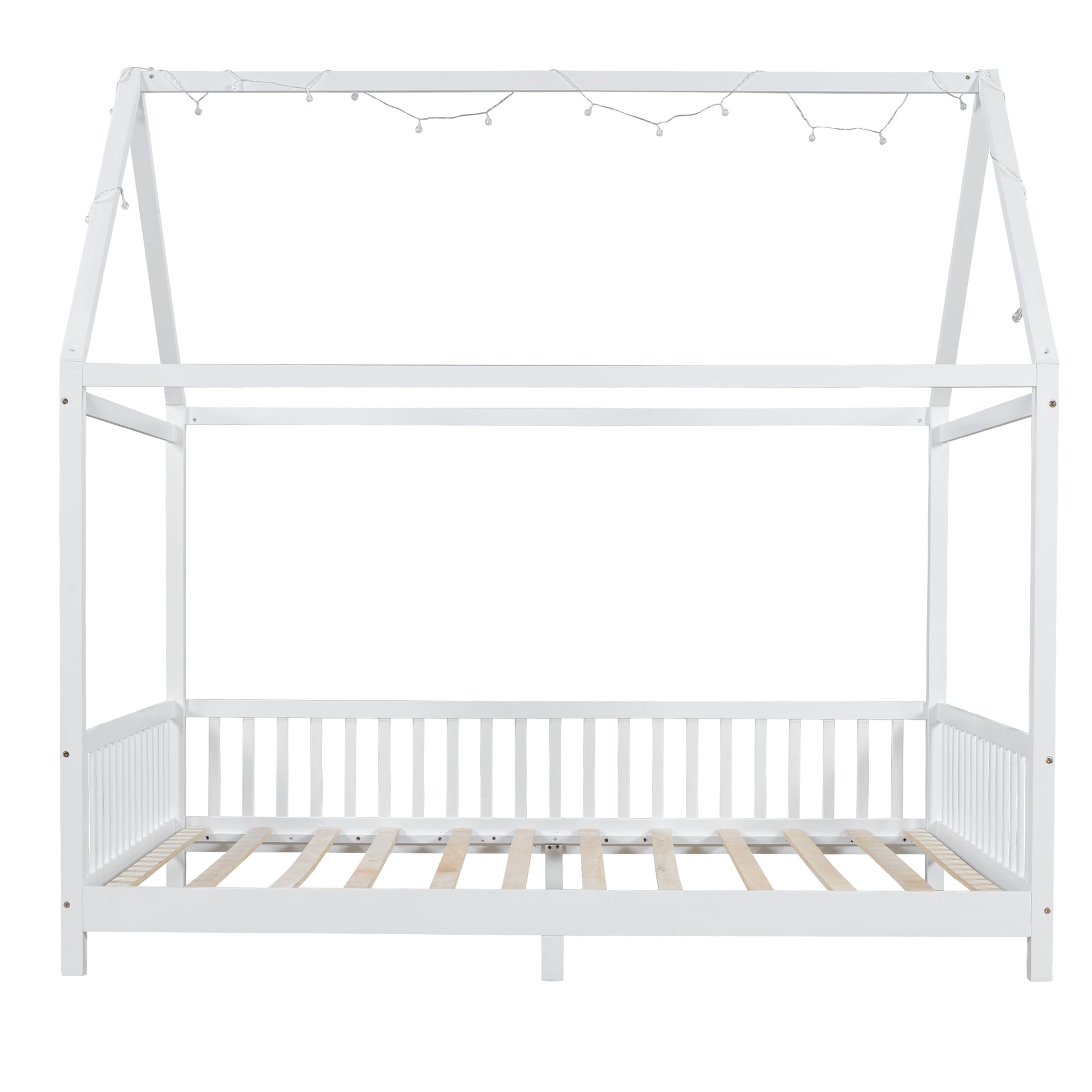 Wood Full Size House Bed With Guardrail And Led, White Box Spring Not Required Full White Wood Bedroom Solid Wood Mdf