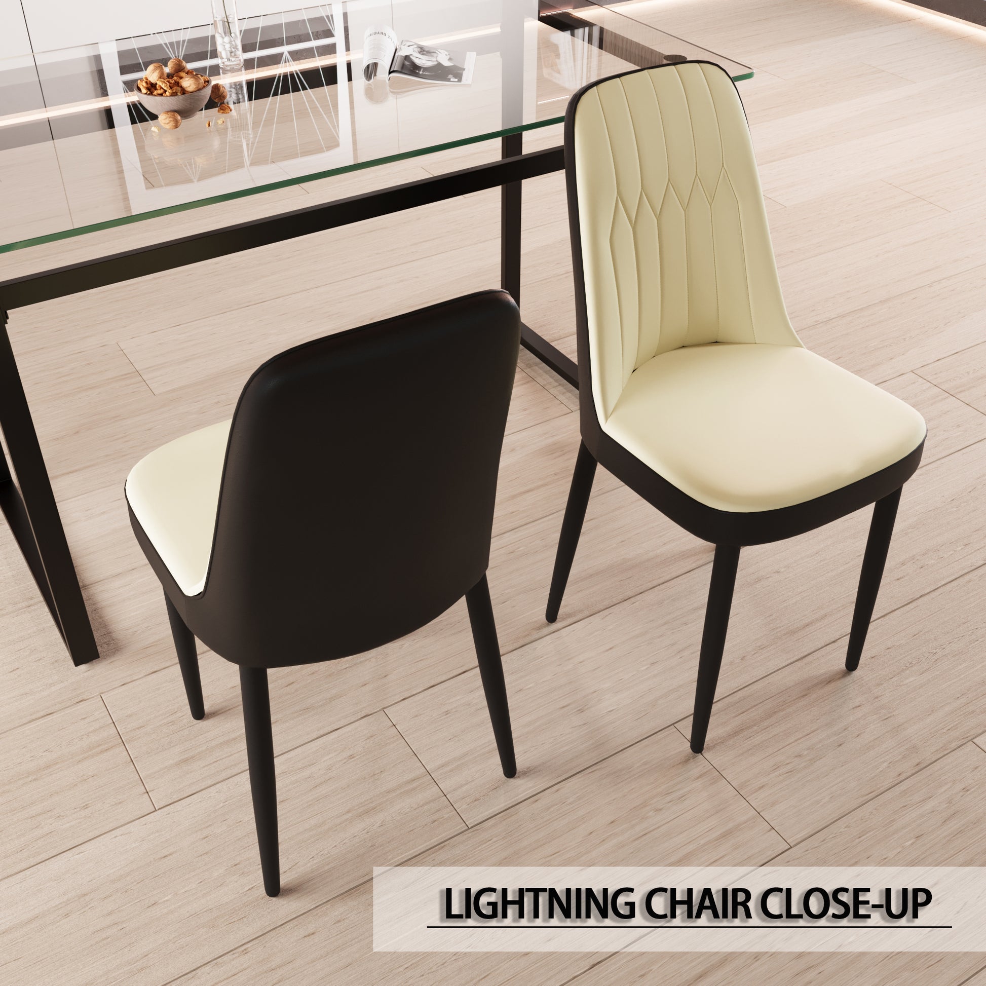 51" 6 Person Glass Dining Table Set, Kitchen Set With Black Metal Leg Dining Table And Chairs, Modern Rectangular Tempered Glass Tabletop And Dining Room Thick Cushioned Pu Dining Chairs Beige Black