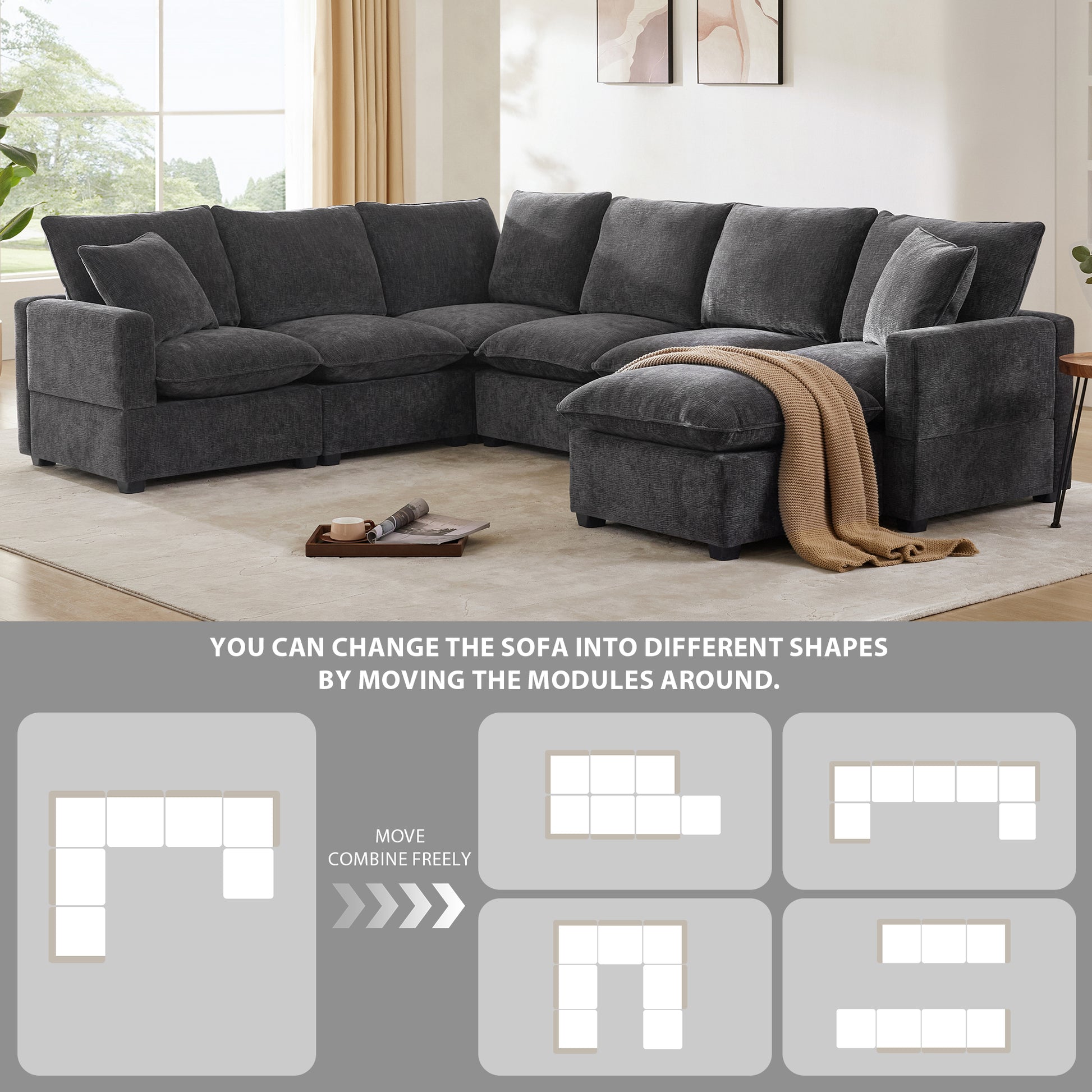 110*84" Modern U Shape Modular Sofa, 7 Seat Chenille Sectional Couch Set With 2 Pillows Included, Freely Combinable Indoor Funiture For Living Room, Apartment, Office, 2 Colors Black Grey Chenille 7 Seat