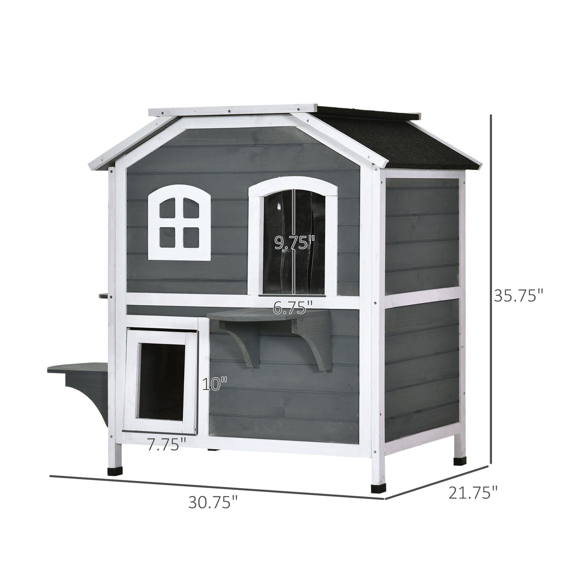 Pawhut 2 Story Cat House Outdoor, Weatherproof Wooden Cat Enclosure For Feral Cats With Escape Door, Openable Roof, Jumping Platforms, Gray Gray Wood