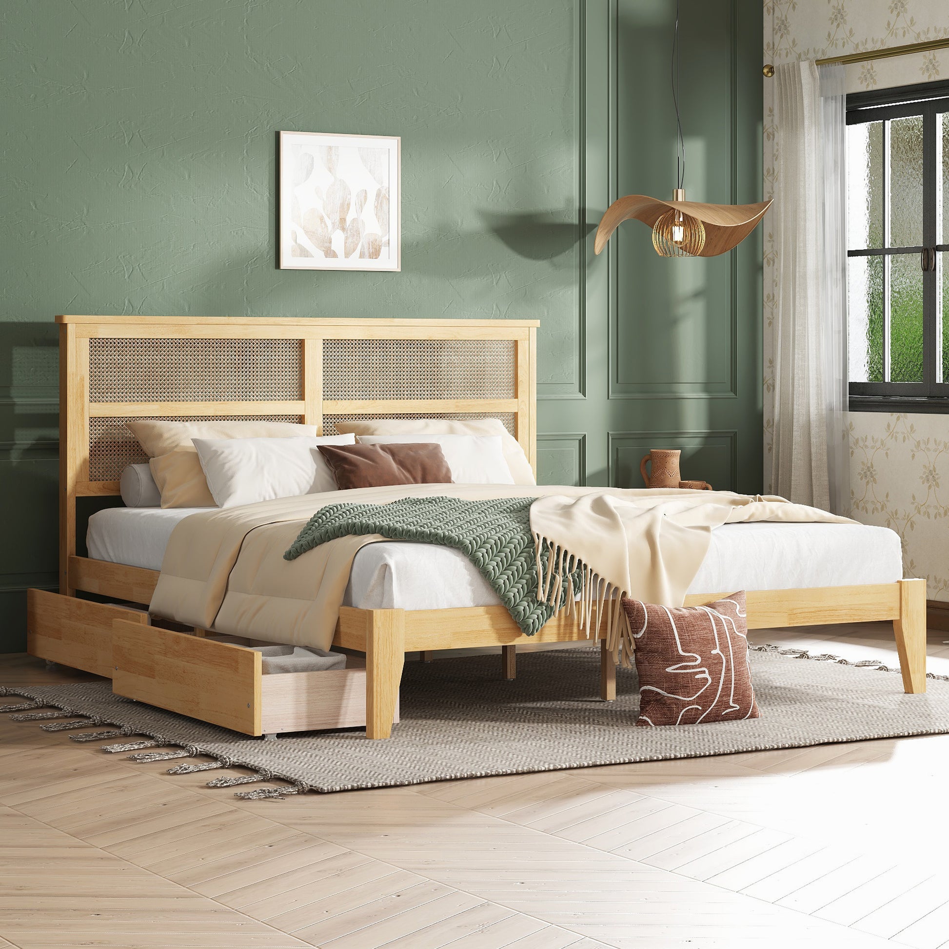 King Size Bed With Rattan Headboard, Two Storage Drawers, Rubber Wood Bed With Enhanced Support Salts And Feet,White Oak King White Oak Rubber Wood