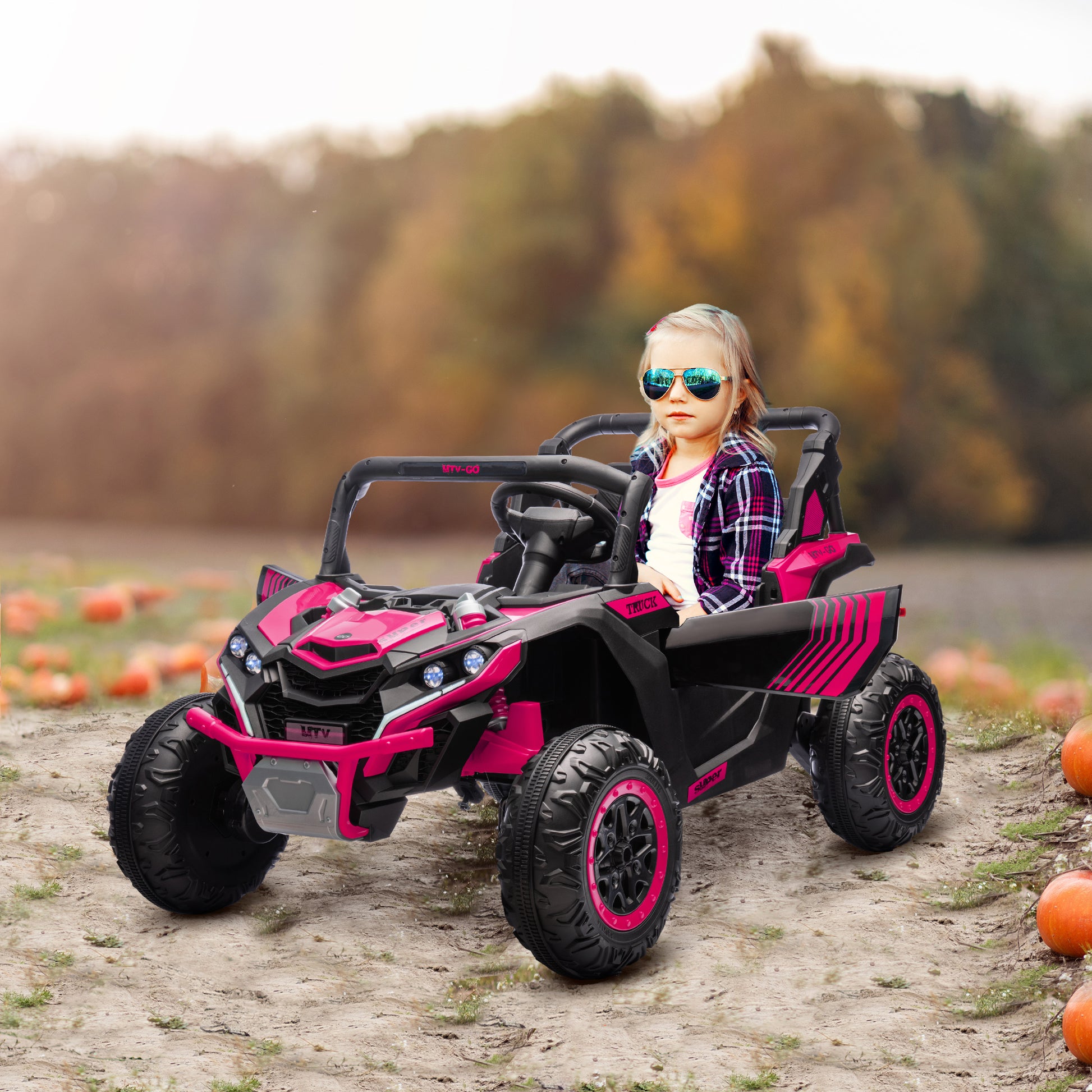 Qaba 24V 7Ah Ride On Utv, 2 Seater 4Mph Kids Electric Car Ride On Battery Powered Toy With 4 Shock Absorbers, Music Horn And Led Lights, For Toddlers 3 8 Years, Pink Pink Plastic