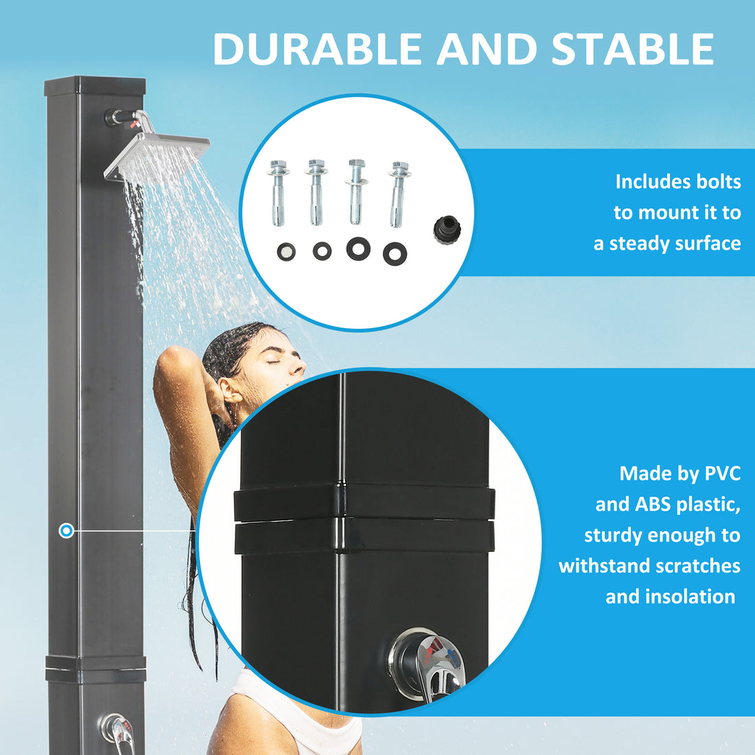 Outsunny 10.6 Gallons Solar Heated Shower With Free Rotating Shower Head, Temperature Adjustment & Foot Shower, 2 Section Outdoor Shower For Backyard Poolside Beach Pool Spa, 7Ft Black Abs