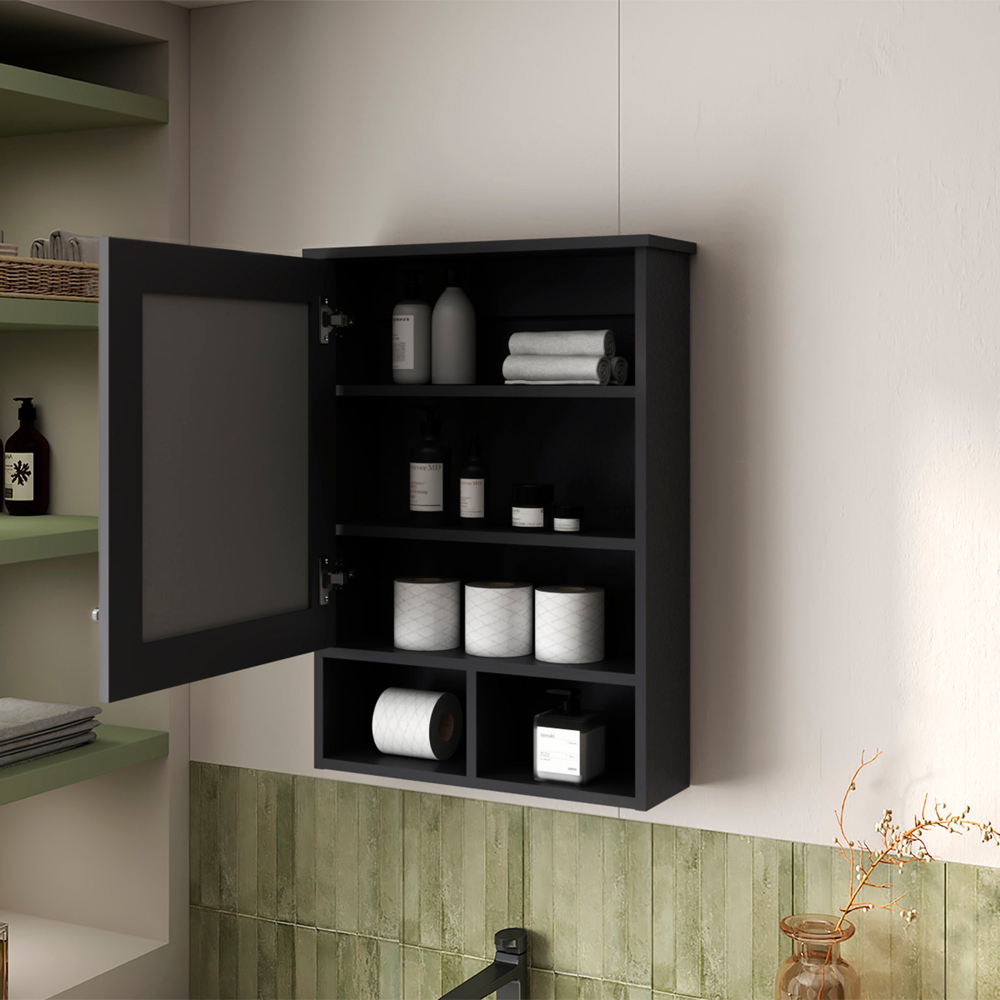 Poston Medicine Cabinet With A Door And Included Mirror, Black Black 1 5 Up To 17 In 24 To 31 In Mirror Included Bathroom Wall Mounted Modern 5 10 Inches Particle Board Melamine