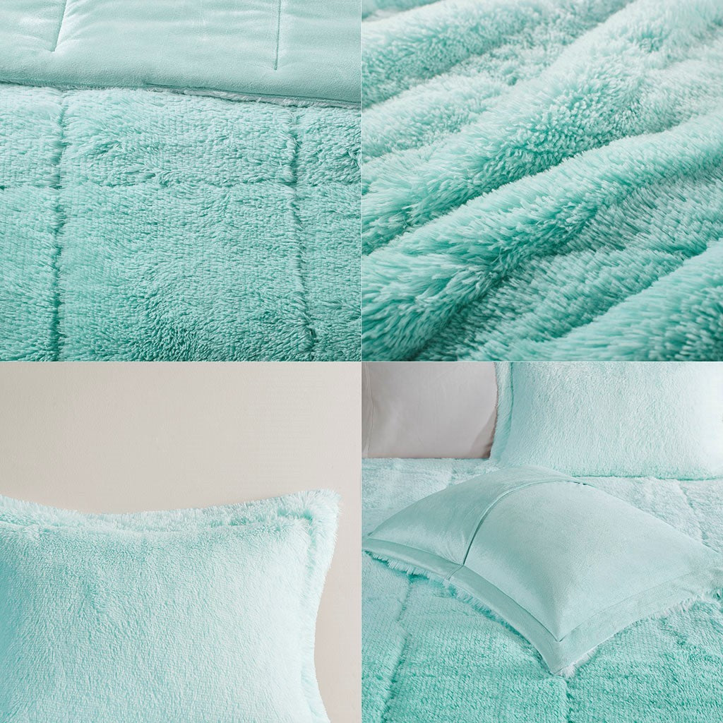 Ombre Shaggy Long Fur Comforter Mini Set Full Aqua Polyester