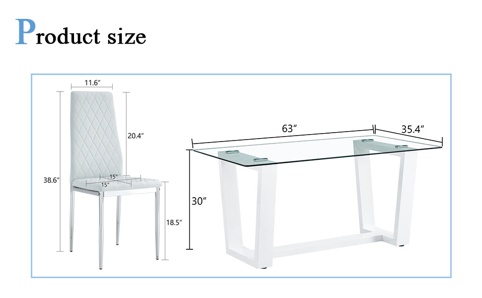 Table And Chair Set.A Rectangular Dining Table Features With Tempered Glass Top And Sleek White Mdf Stand.Paried With 4 Pu Chairs With Checkered Armless High Back And Electroplated Metal Legs. Light Gray,White Seats 4 Mdf Glass