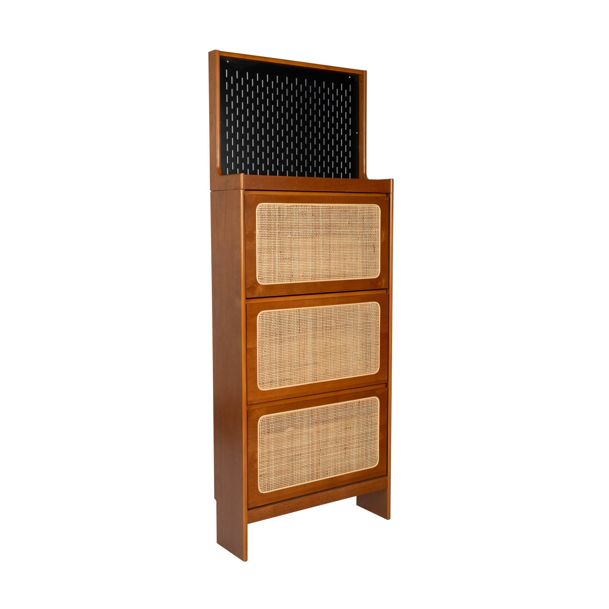 Rattan Shoe Cabinet For Entryway, Free Standing Shoe Rack With 3 Flip Drawers & Black Pegboard, Hidden Narrow Shoe Cabinet For Entrance Hallway, 24.88"W X 7.88" D X 65"H Walnut Mdf
