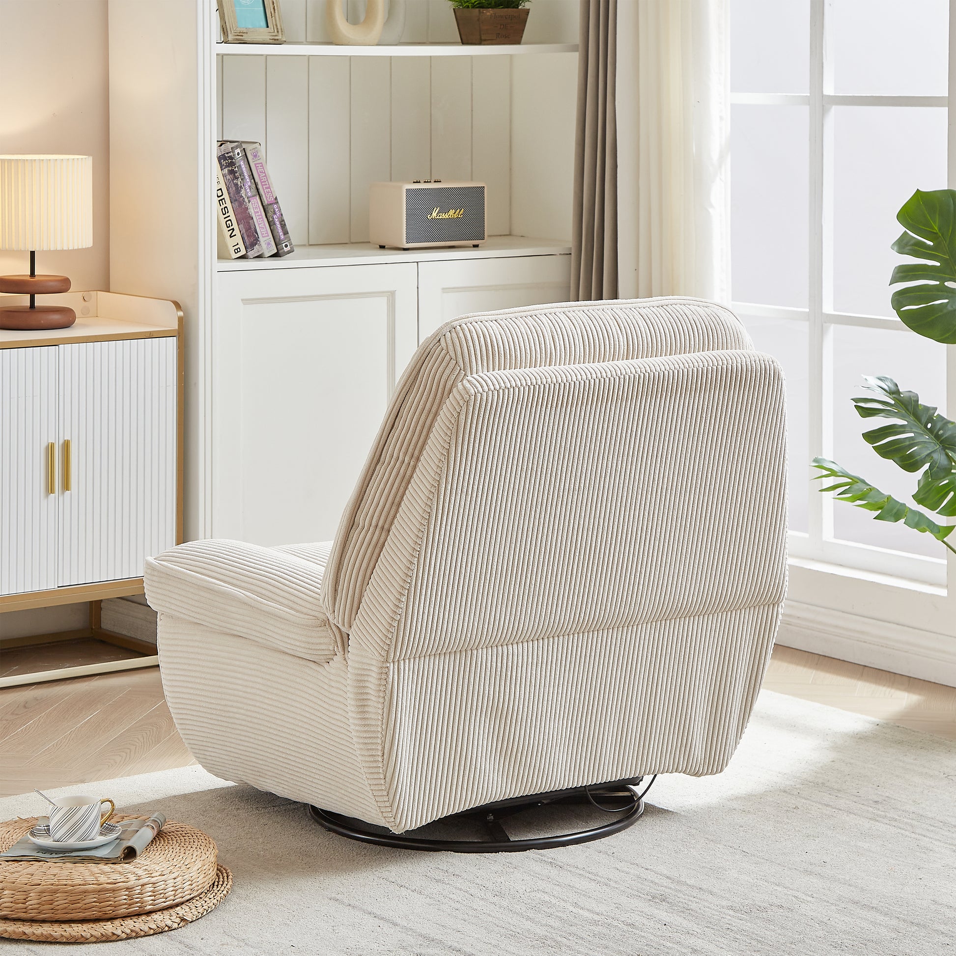 Video 360 Degree Corduroy Swivel Upholstered Manual Recliner Chair,Theater Recliner Sofa,Nursery Glider Rocker For Living Room Beige Corduroy