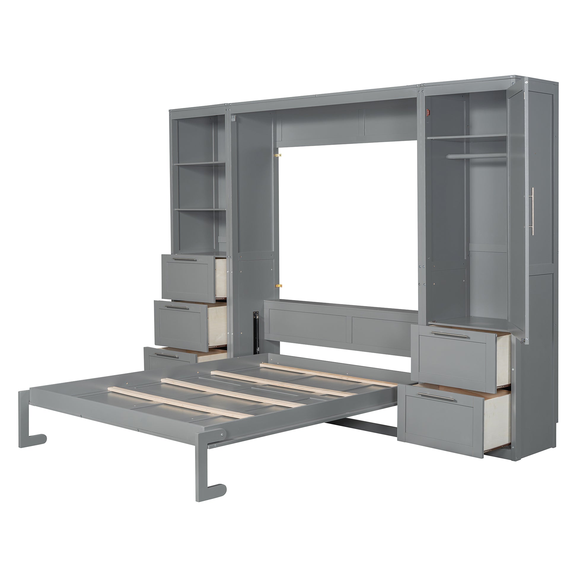 Queen Size Murphy Bed Wall Bed With Closet ,Drawers And Shelves,Gray Queen Gray Mdf Lvl