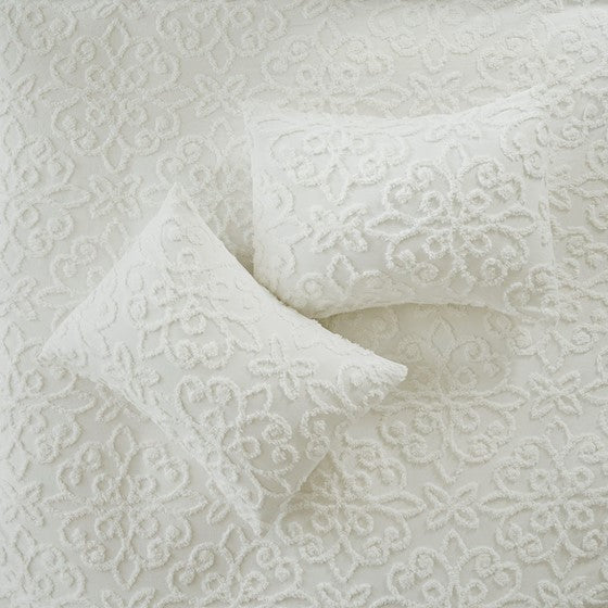 3 Piece Tufted Cotton Chenille Duvet Cover Set Queen Off White Cotton