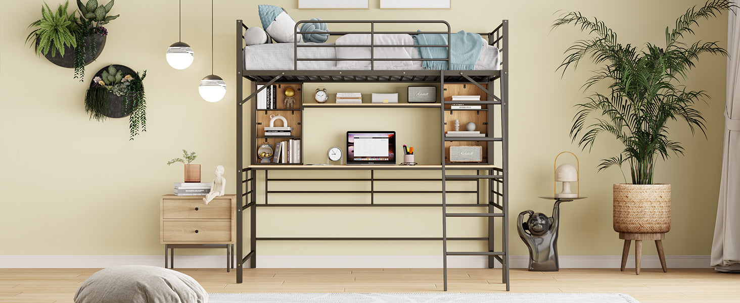 Full Size Loft Bed With Desk And Shelfloft Bed With Ladder,Full,Black Full Black Metal