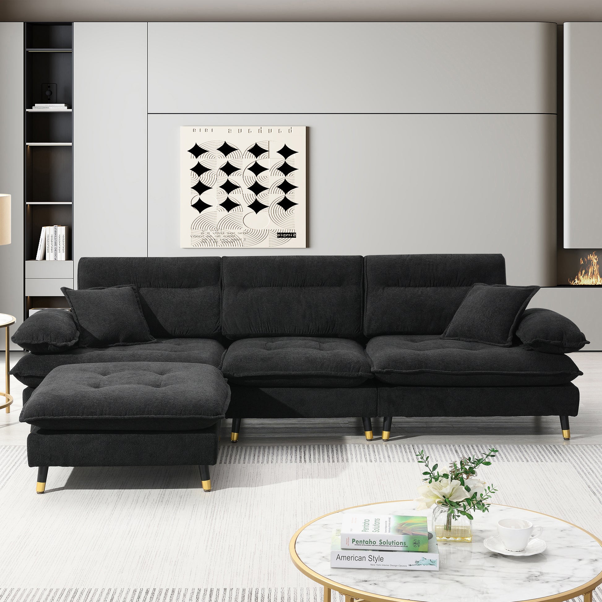 106*66.5" L Shaped Convertible Sectional Sofa,4 Seat Tufted Couch Set With Two Tone Adjust Legs,Cloud Chenille Fabric,Movable Ottoman For Living Room, Apartment,Office,3 Colors Black Chenille 4 Seat