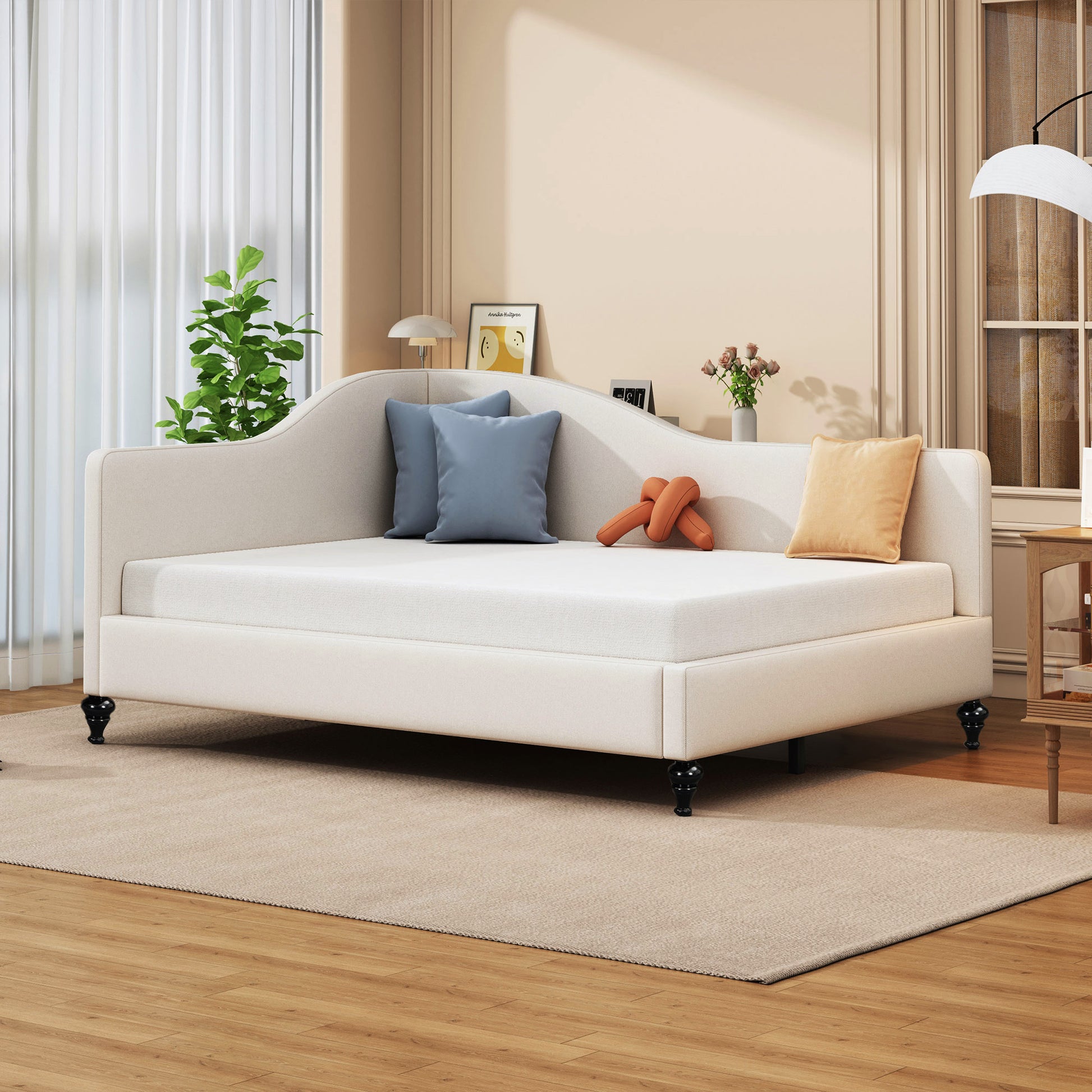 Full Size L Shaped Linen Daybed, With Solid Wood Legs, Beige Old Sku: Sf000146Aaa Full Beige Linen Mdf