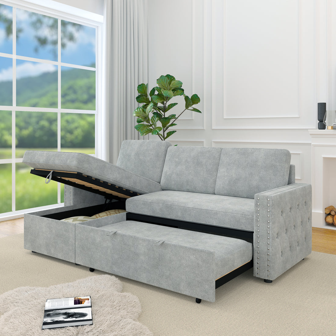 85 Inches Sofa Bed, 3 Seater Sleeper Sofa With Storage Chaise, Square Handrail With Pull And Copper Nail,Chenille Light Grey, Pull Out Couch For Living Room Light Grey Chenille 3 Seat