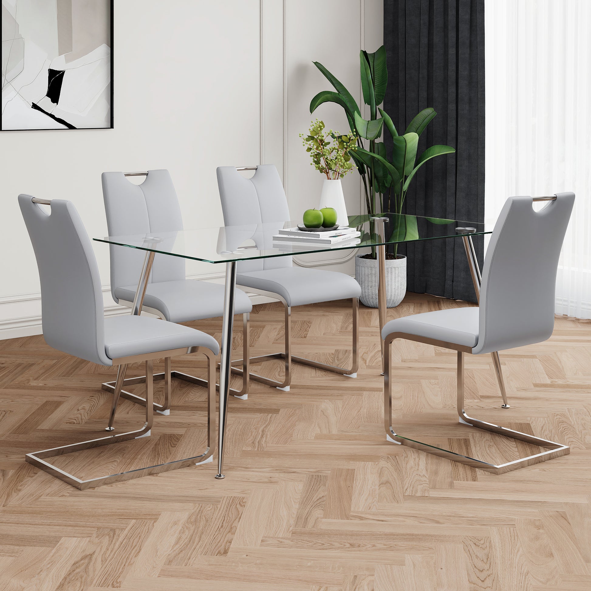 Modern Simple Rectangular Glass Dining Table, Solid Tempered Glass Tabletop, Electroplated Table Legs, Gray Pu Dining Chair Set, Suitable For Restaurant Kitchen Use Set Of 5 Upholstered Chair Glass Gray Pu Seats 4 Metal Rectangular Dining Table With