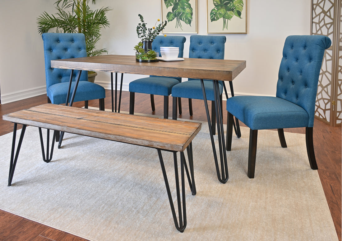 Ashford 6 Piece Dining Set, Hairpin Dining Table With 4 Chairs And Bench, 4 Color Options Brown Metal Dining Room Fixed Table Rubberwood Rectangular Dining Table With Chair And Bench Wood Wood Brown Seats 6 Rectangular 4 Leg Mdf Metal