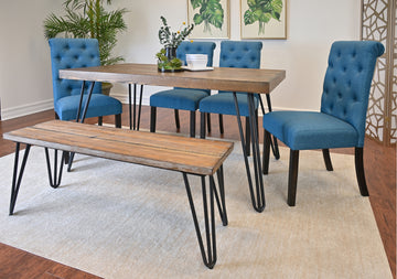 Ashford 6 Piece Dining Set, Hairpin Dining Table With 4 Chairs And Bench, 4 Color Options Brown Metal Dining Room Fixed Table Rubberwood Rectangular Dining Table With Chair And Bench Wood Wood Brown Seats 6 Rectangular 4 Leg Mdf Metal