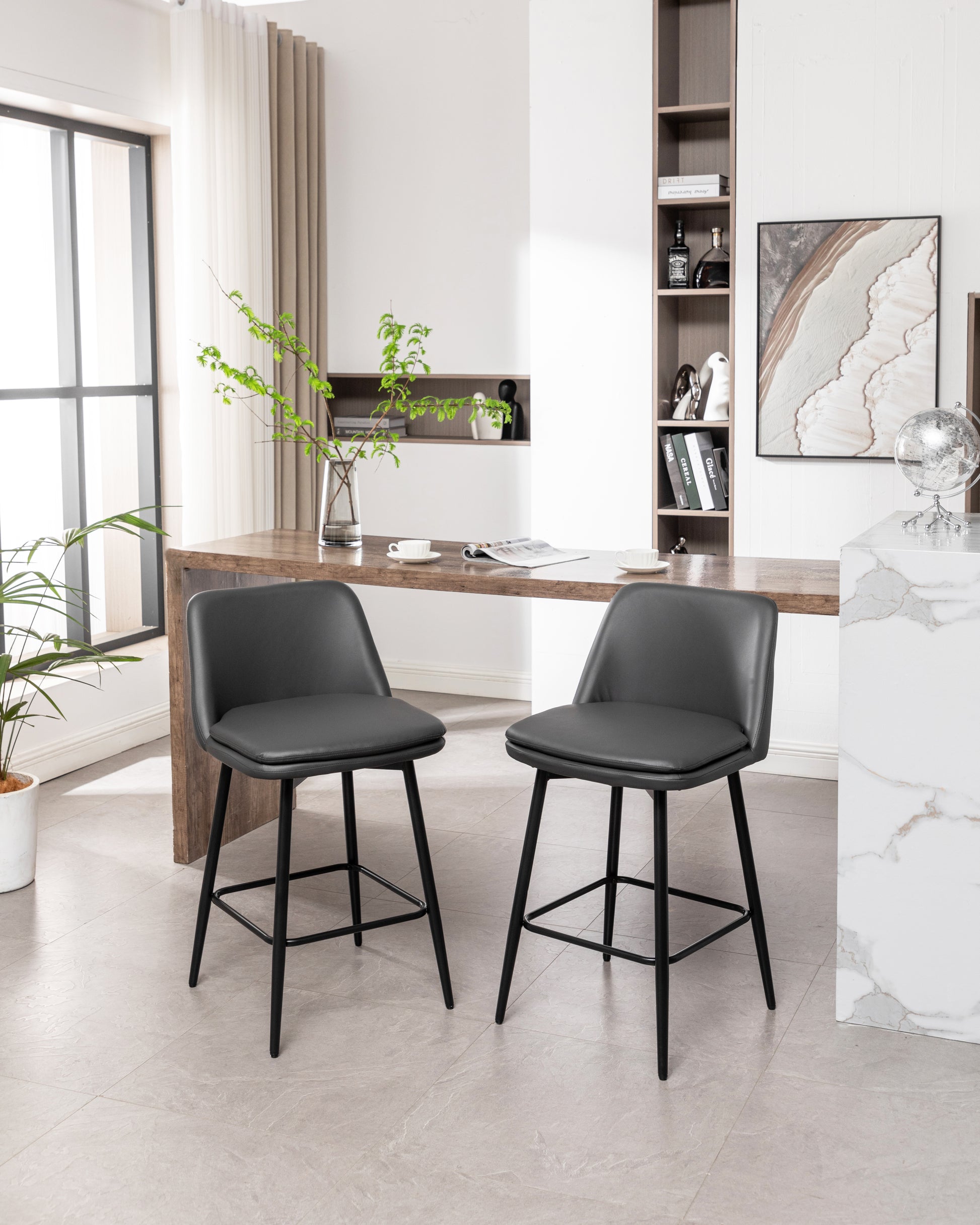 Counter Height Swivel Bar Stools Set Of 2, 360 Swivel Upholstered Barstools With Back And Metal Legs, 25.6" Seat Height,Counter Stools For Kitchen Island And Pub,Faux Leather,Grey Dark Grey Set Of 2