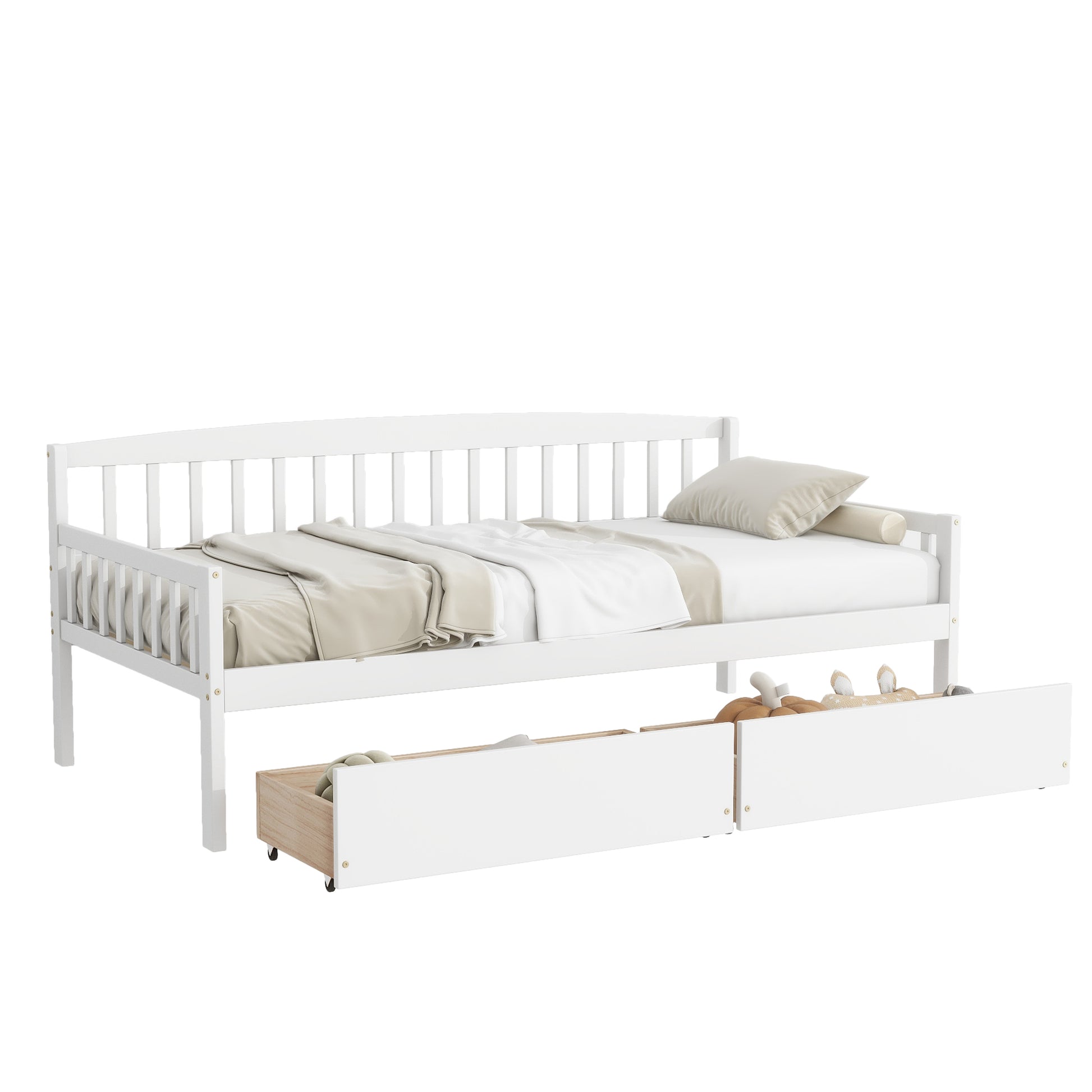 Twin Size Pine Wood Daybed With Two Storage Drawers, Sofa Bed With Bed Platform Of 10 Support Slats,White Twin White Pine