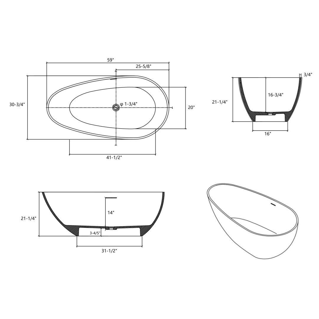 59" Freestanding Solid Surface Bathtub, Luxury Handcrafted Stone Resin Freestanding Soaking Bathtub With Overflow And Pop Up Drain, Matte White 24S02 59Mw White Bathroom Freestanding Tubs Solid Surface