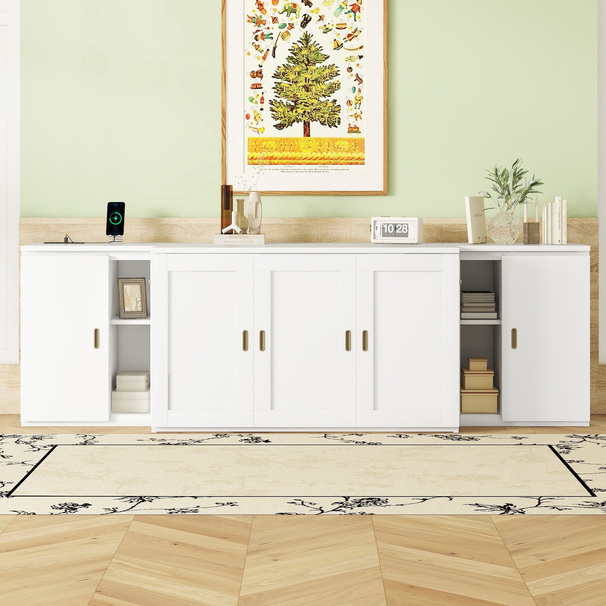 Full Size Murphy Bed With Shelves, Cabinets And Usb Ports,White White Mdf Lvl
