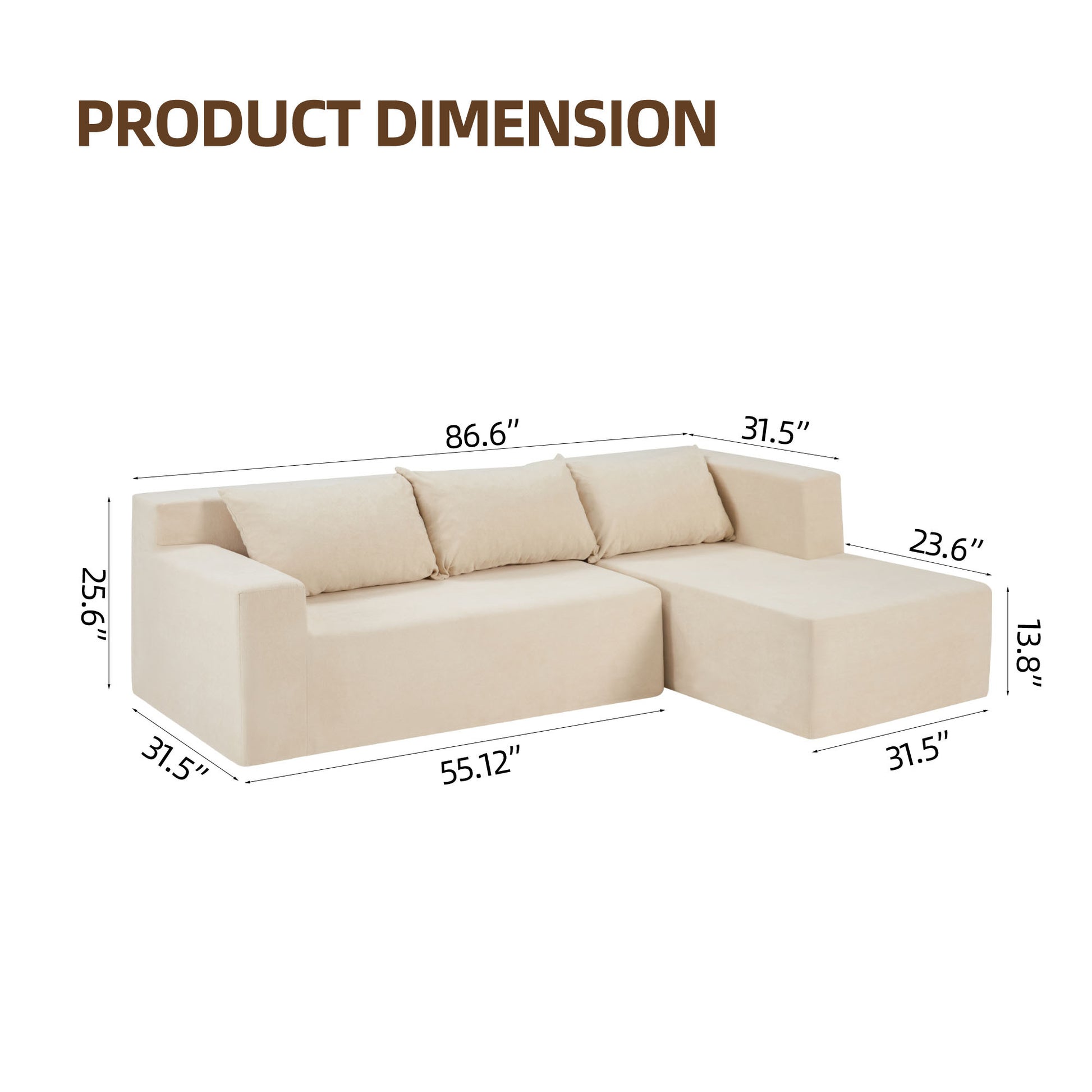 Video Compressed Modern Modular Sectional Sofa, L Shaped Couch Minimalist 2 Pieces Cloud Couch Foam Sofa With Pillows For Living Room Apartment, No Assembly Required Khaki Polyester Medium Firm Cushion Back L Shaped Square Arms Canvas 3 Seat