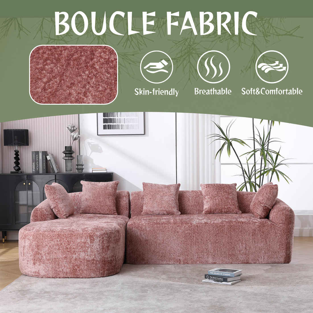 Coolmore Boucle Sofa 3 Seater For Living Room Oversized Comfy Sofa L Shape Sofa Couch With Chaise Home Furniture Sleeper Sectional Sofa For Apartment, Office Left Hand Facing Pink Pink Primary Living Space Foam Boucle 3 Seat