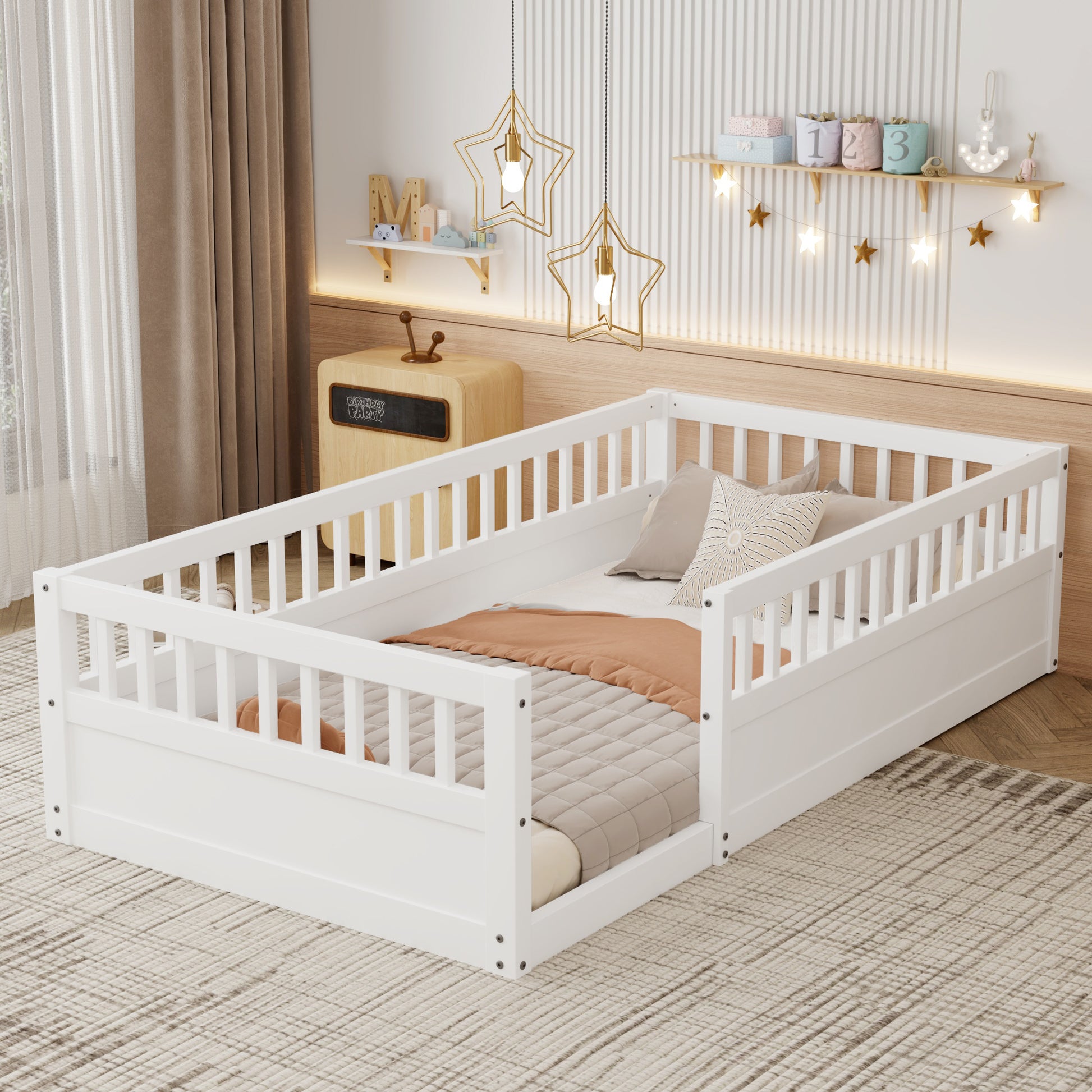 Twin Floor Bed Frame With Fence, Wood Kids Floor Beds Frame For Bedroom Playroom,White Twin White Pine