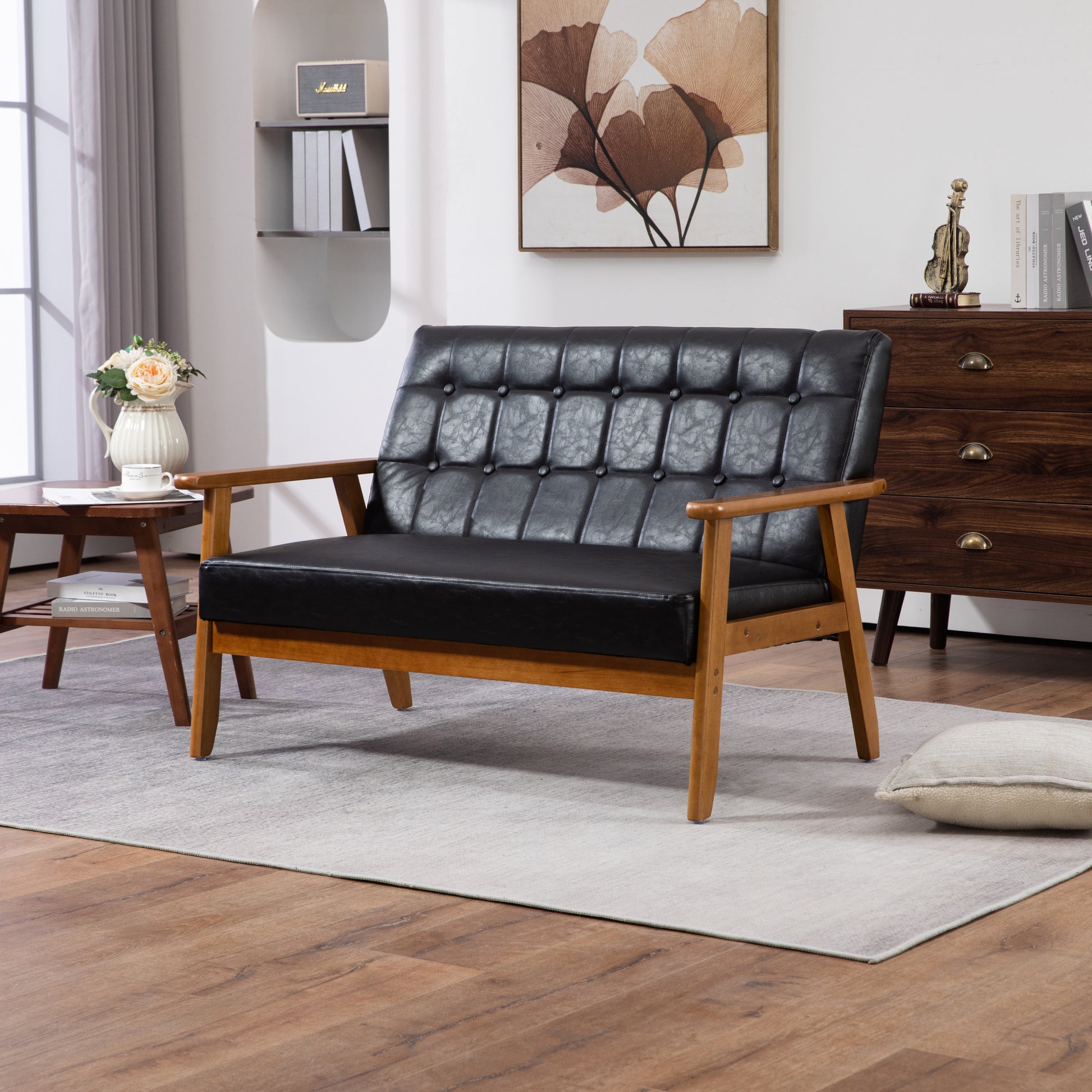 Coolmore Mid Century Modern Solid Loveseat Sofa Upholstered Pu Leather Loveseat, 2 Seat Upholstered Loveseat Sofa Modern Couch Black Pu Pu Leather 2 Seat
