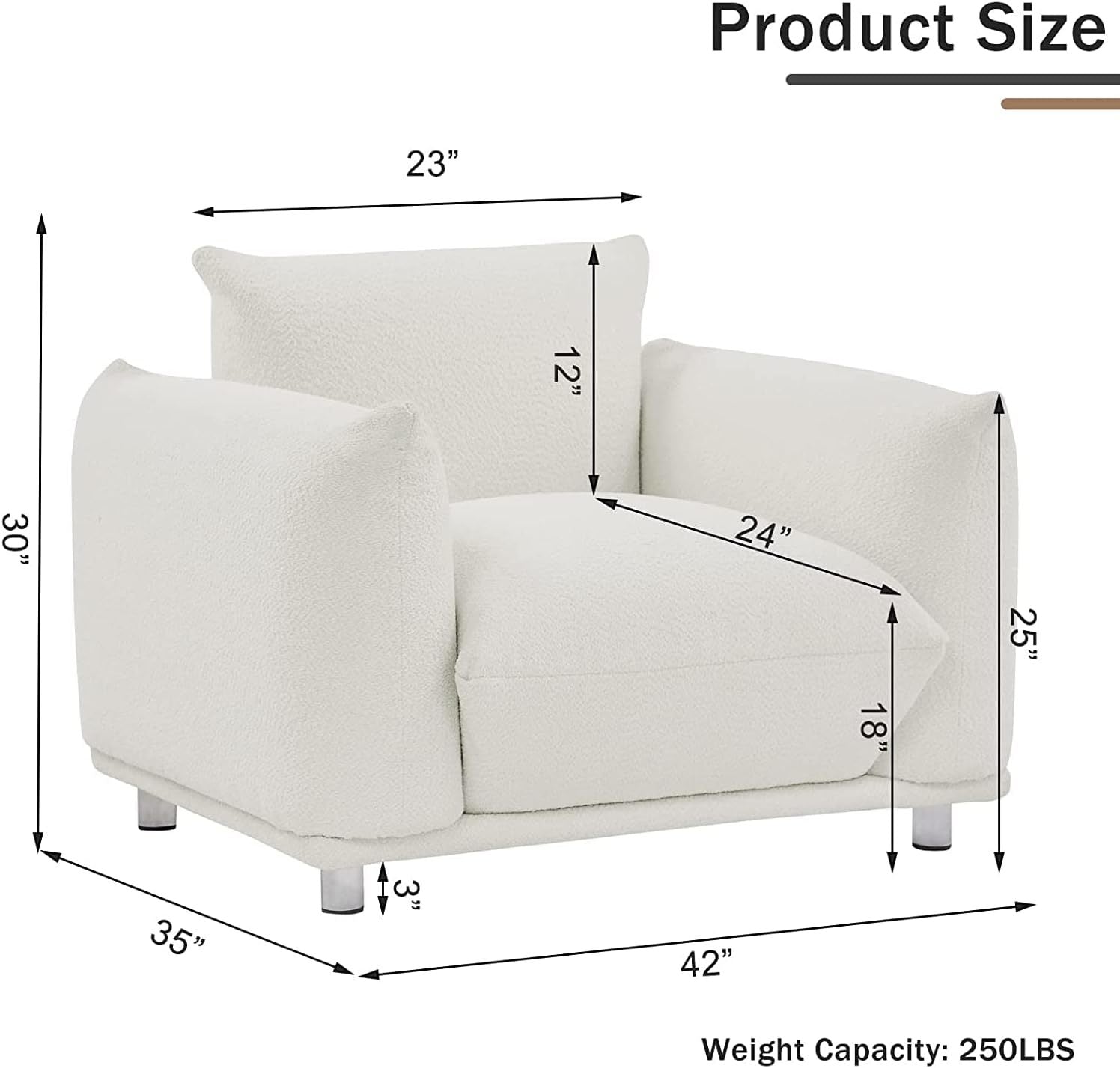 Sherpa Accent Chair Single Sofa 42"W Accent Chair For Bedroom Living Room Apartment, White White Fabric 1 Seat