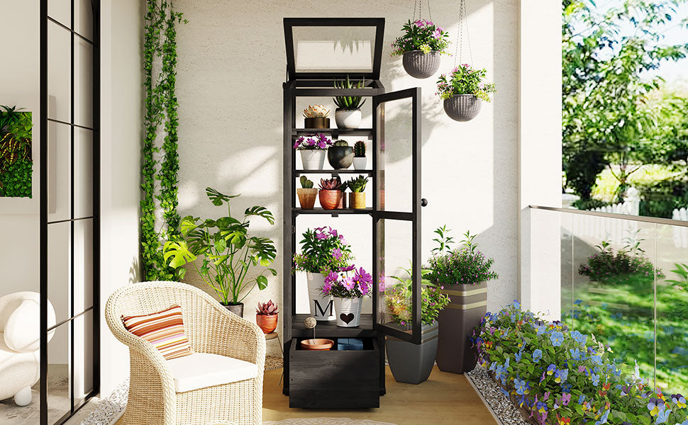 62.4Inch Height Wood Garden Greenhouse Balcony Portable Mini Cold Frame With Movable Storage Box And Adjustable Shelves For Outdoor Indoor Use, Black Black Garden & Outdoor Casual Wood