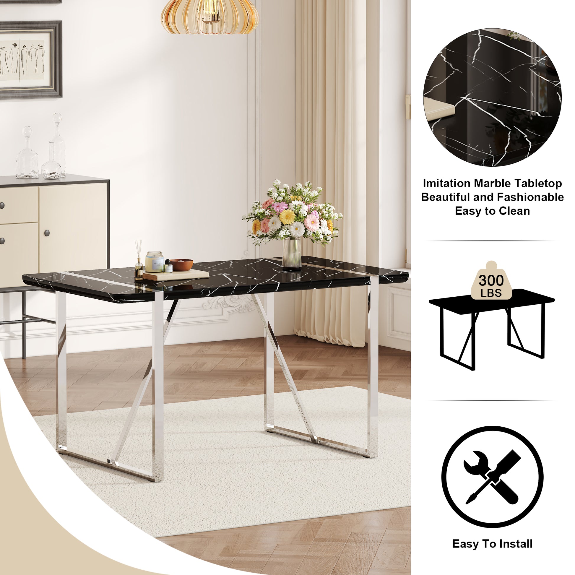 Table And Chair Set.A Rustic Industrial Rectangular Mdf Black Dining Table With Mdf Desktop And Electroplated Silver Metal Legs.Paried With 6 Chairs With Pu Cushion And Metal Legs. White Black Seats 6 Mdf Metal