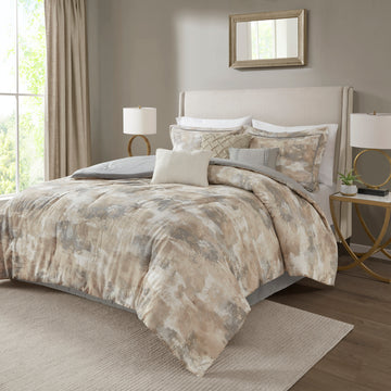 7 Piece Textured Cotton Blend Comforter Set Gray Queen Queen Multicolor Polyester