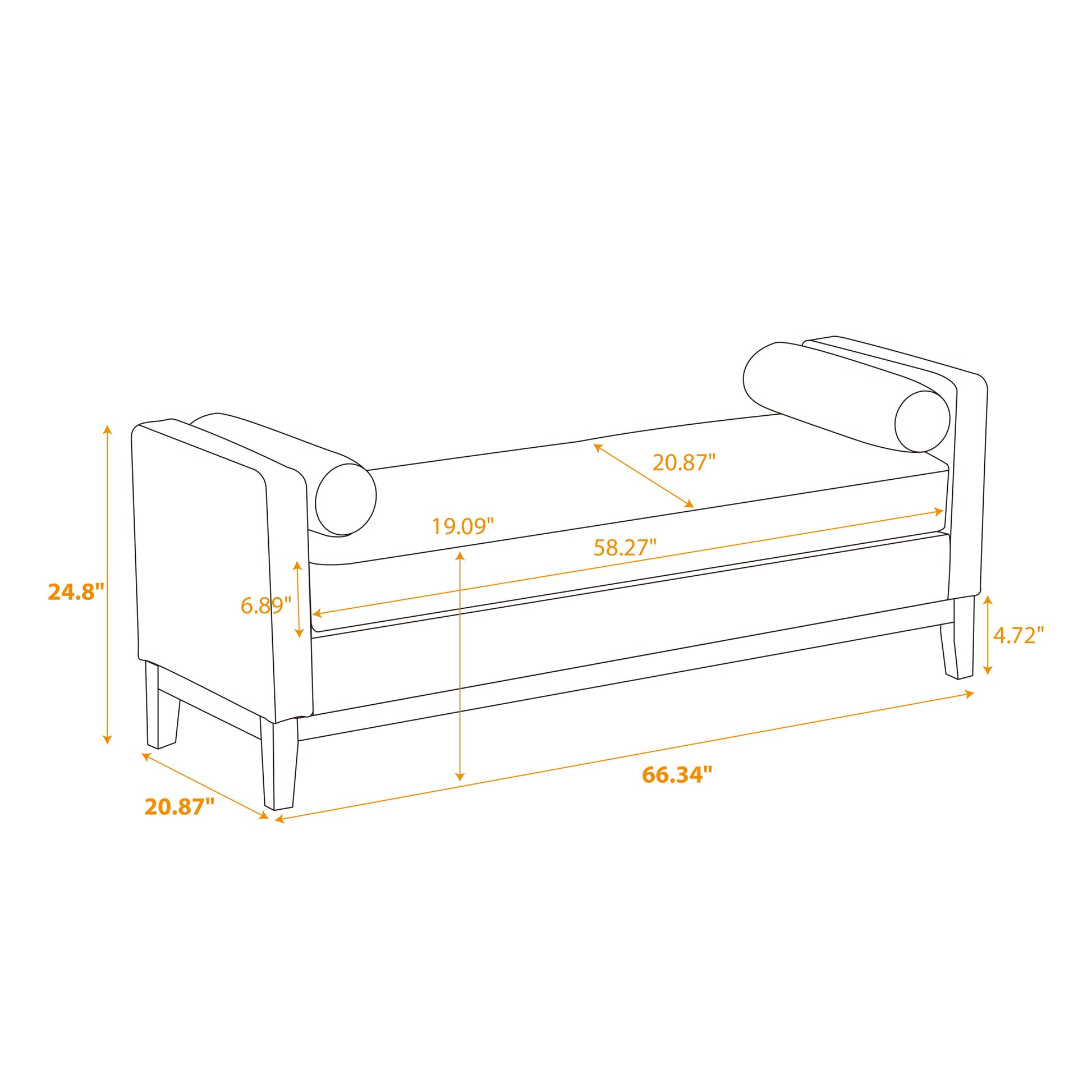 66.34"W Elegant Upholstered Bench, Daybed,Ottoman With Wood Legs & 2 Bolster Pillows For End Of Bed, Bedroom, Living Room, Entryway,Gray Polyurethane Pu Gray Polyurethane