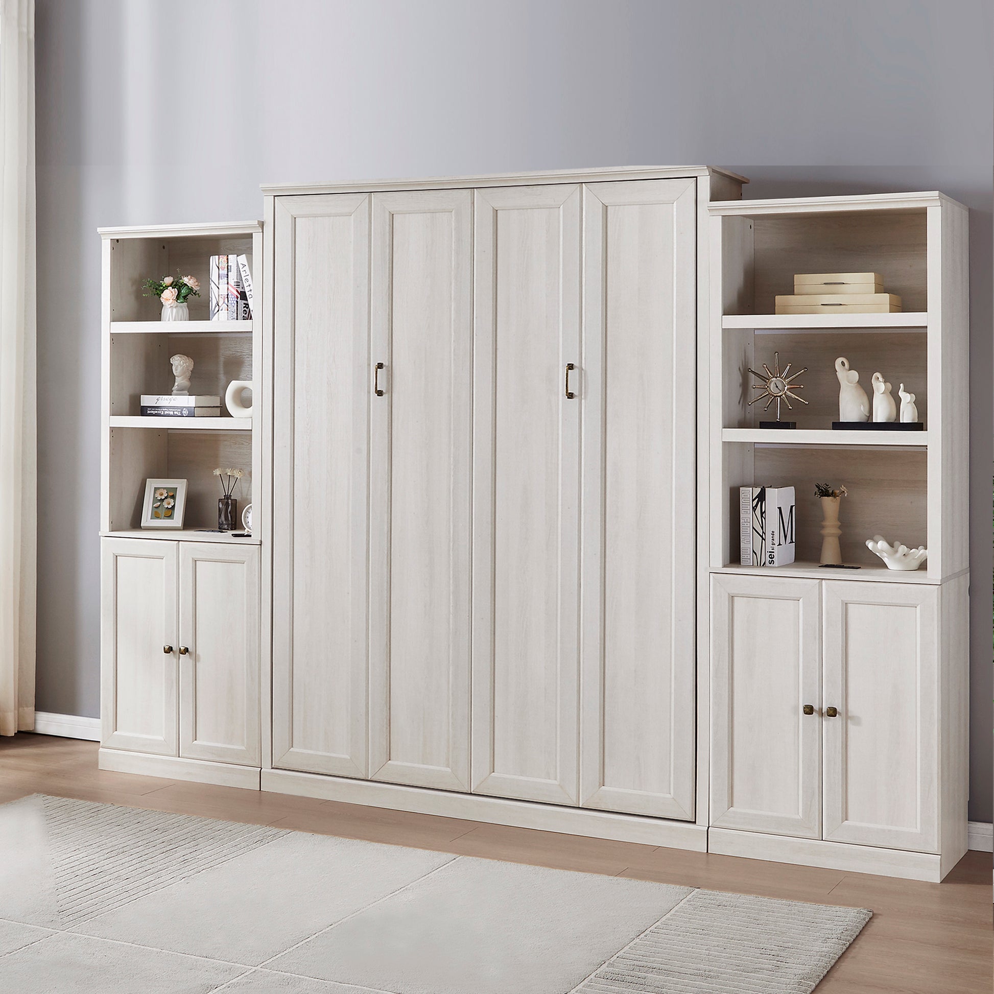 Queen Size Half Self Close And Open Murphy Bed With 2 Side Cabinet Storage Shelf, Cabinet Space Saving Bed Perfect For Guest Room, Bed Room, Guest Room, Home Office, Rustic White Box Spring Not Required Queen Rustic White Wood White Pine Murphy Solid
