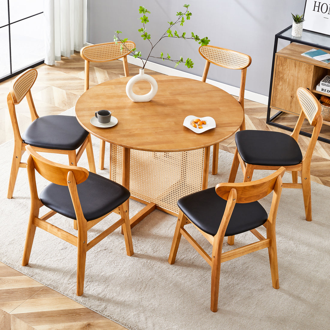 Table And Chair Set, Ancient Style Solid Wood Dining Table, Imitation Rattan Table Legs, Beautiful Simple Solid Wood Dining Chair, Perfect For Dinner, Meetings, Home And Office Decoration Wood Rubber Wood