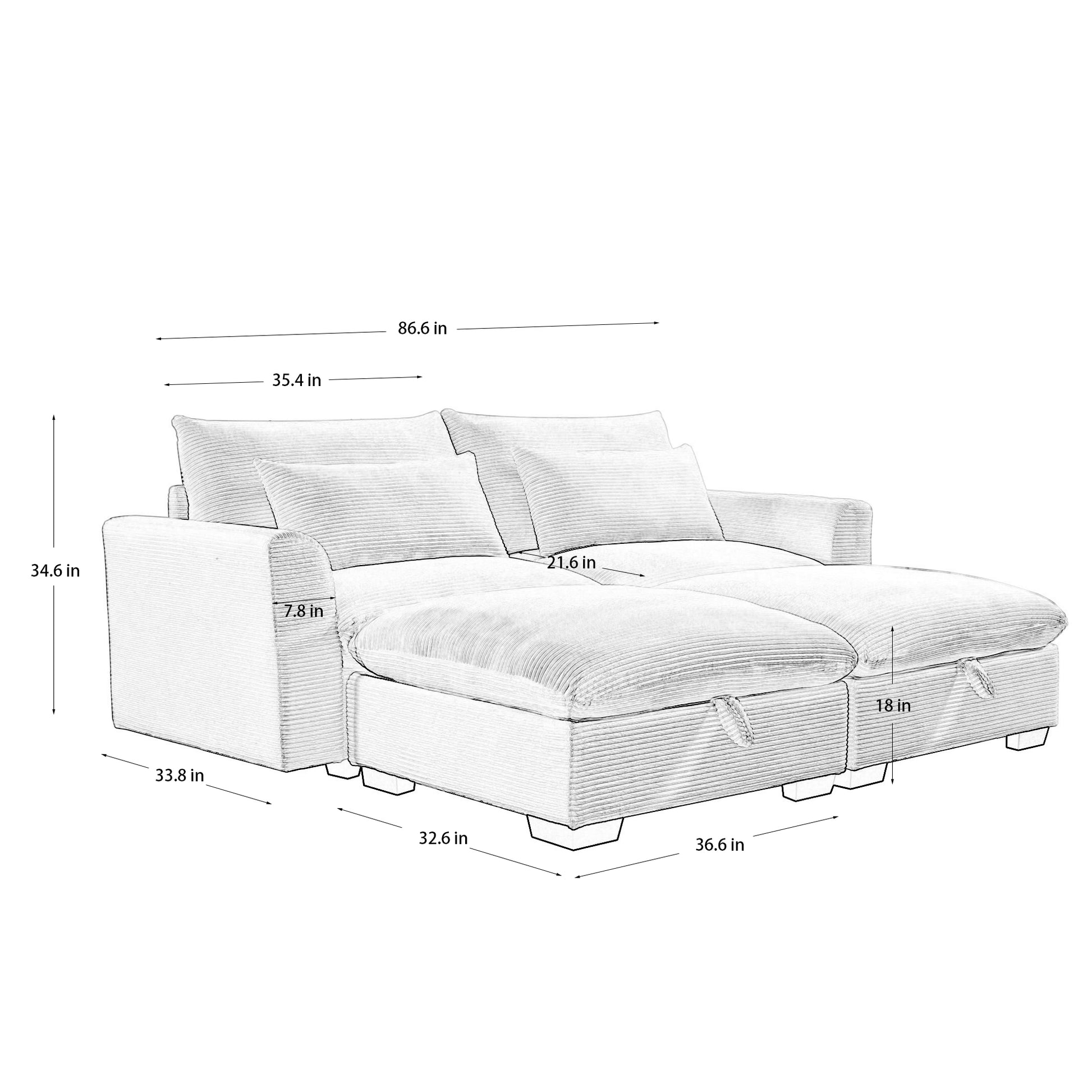 Corduroy Two Seater Sofa With 2 Storage Footrest, 2 Seater Sectional Deep Seat Sofa,Comfy Couches For Living Room ,Bule Sofa Blue Corduroy 2 Seat