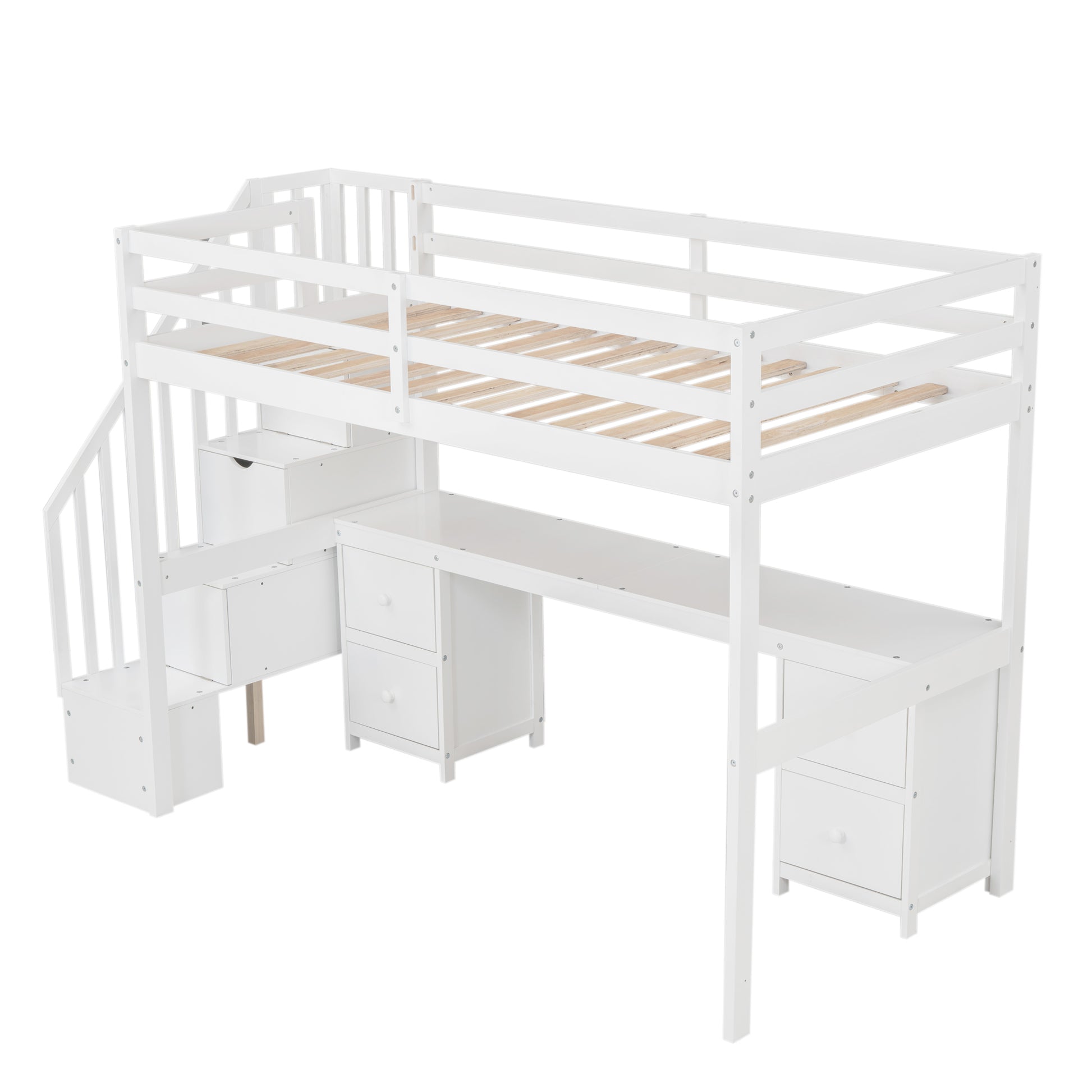 Twin Size Loft Bed Frame With Built In Desk And Double Storage Drawers,White Twin White Solid Wood Mdf