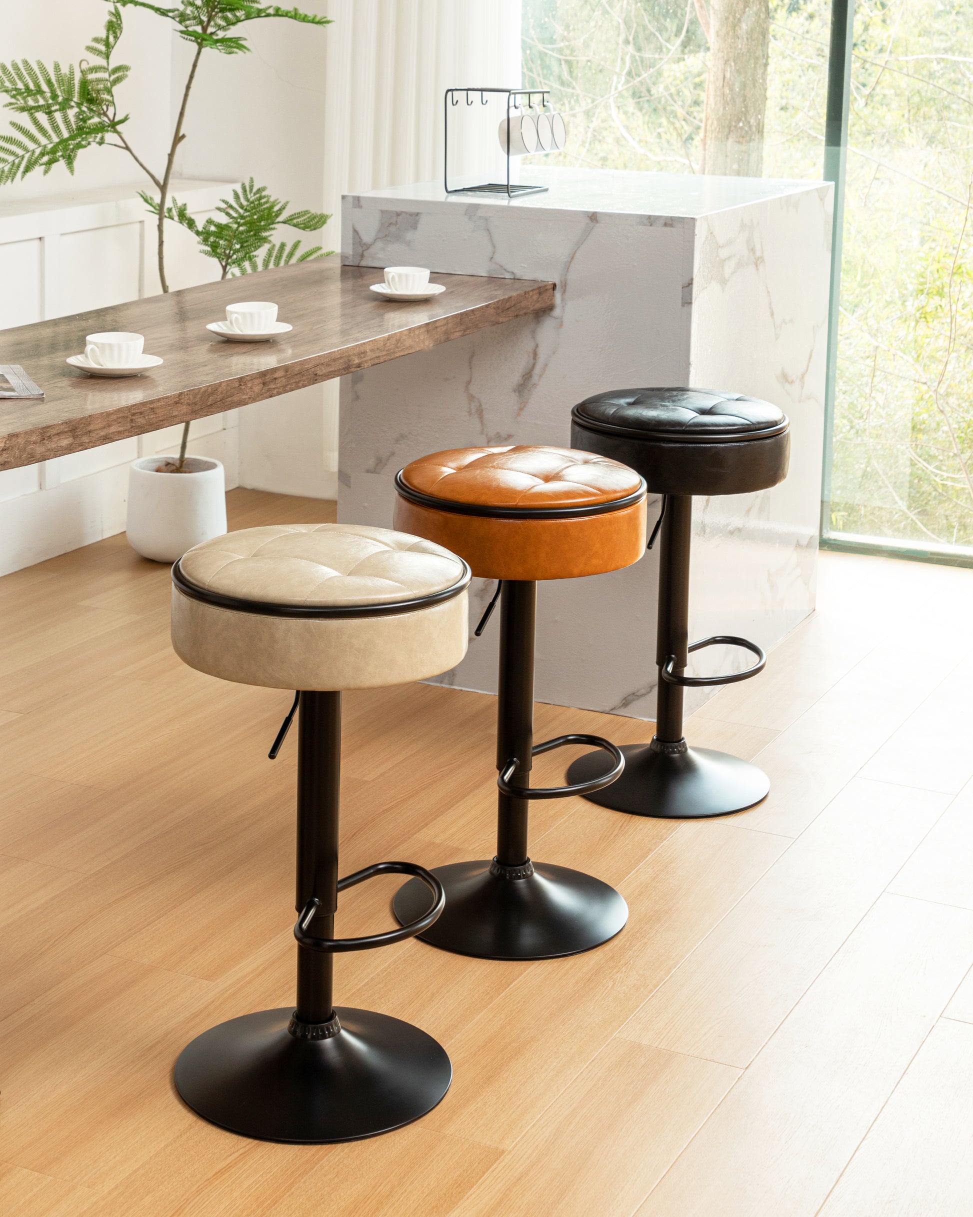 Round Storage Bar Stool Set Of 2, Brown Faux Leather Height Adjustable Barstool, 360 Counter Height Swivel Stool, Armless Bar Chair With Metal Frame For Kitchen Counter Dining Living Room Brown Set Of 2 Foam Pu Leather