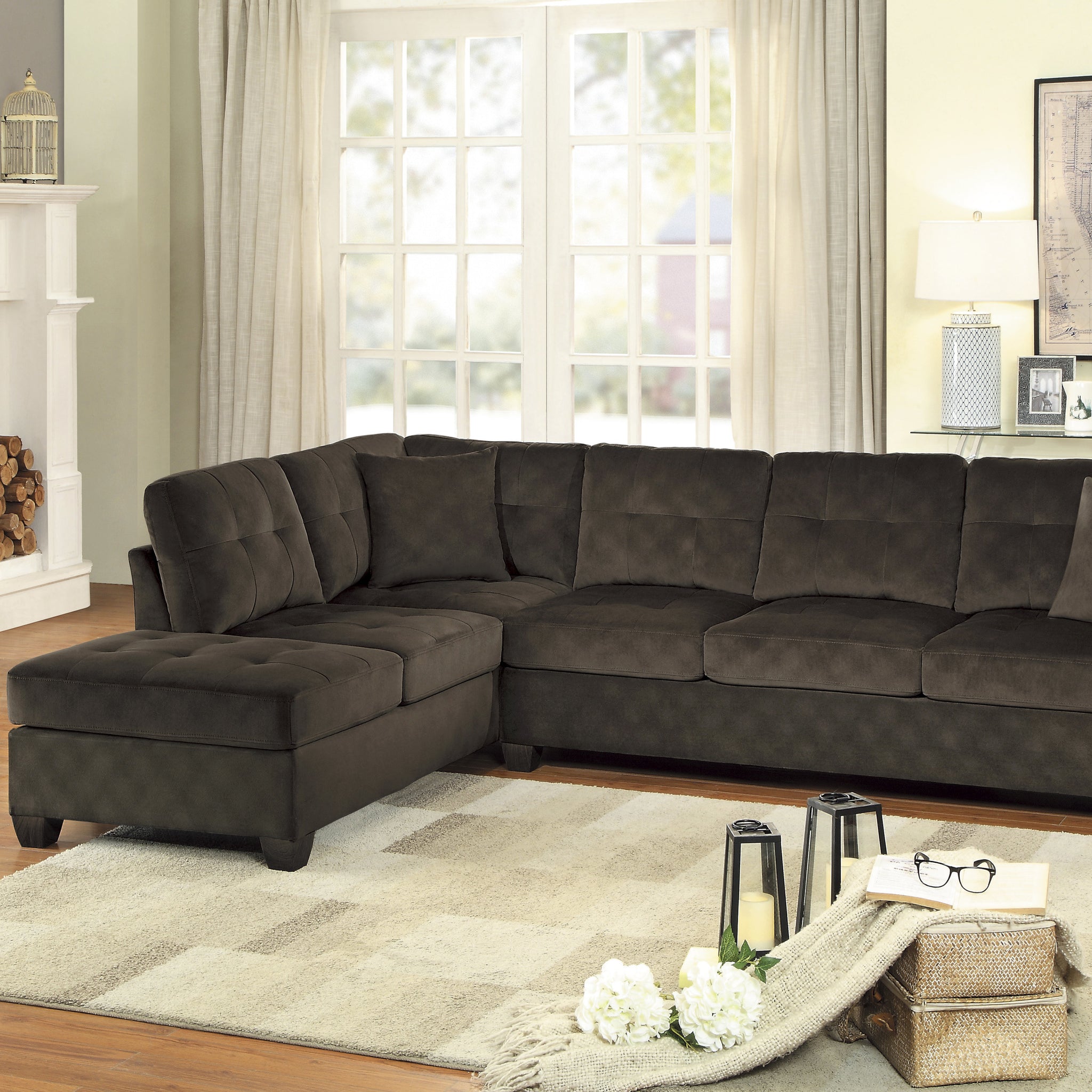 2 Piece Reversible Sectional With Chaise Tufted Detail Chocolate Microfiber Upholstered Modern Living Room Furniture Chocolate Microfiber Primary Living Space L Shaped Plywood,Solid Wood 5 Seat