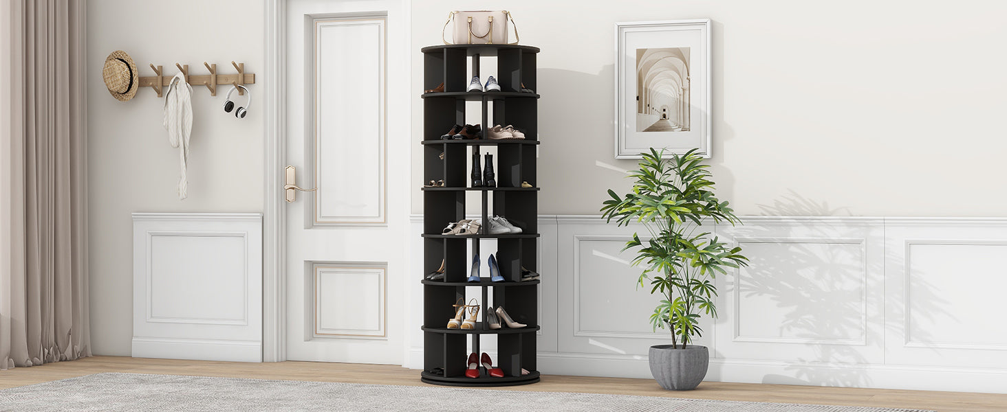 23.6'' Rotating Shoe Rack Tower, 7 Tier Spinning Shoe Shelf With 5 Grids Per Layer, Display Rack, 360 Revolving Shoe Carousel Closet Organizer For Entryway, Living Room, Black 7 Black Primary Living Space Particle Board