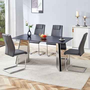 Table And Chair Set.63"X31.5X30" Black Marble Patterned Slabs Tabletop With Stainless Steel Butterfly Legs.Paried With 4 Dark Gray High Quality Pu Chairs With Silver Metal Legs. Dark Gray,Silver