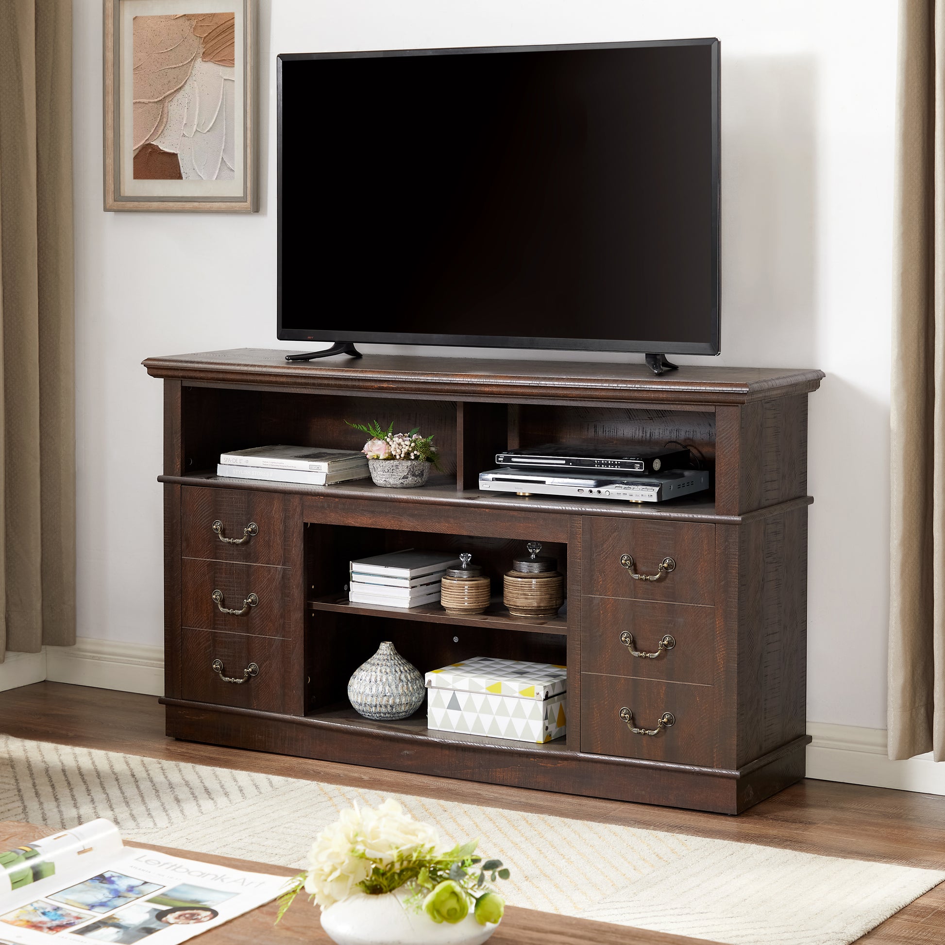 Vintage Drawer Traditional Tv Media Stand Farmhouse Rustic Entertainment Console For Tv Up To 65" With Open And Closed Storage Space, Espresso, 60"W*15.75"D*34.25"H Espresso 60 69 Inches Mdf