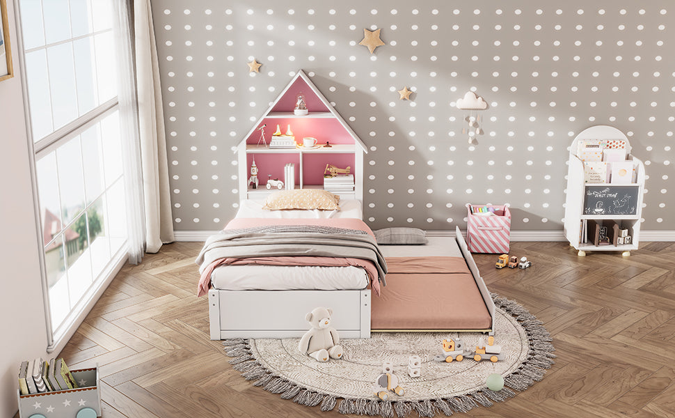 Twin Size House Shaped Bed With Bookcase Headboard And Led Light And Twin Size Trundle For Kids Boys Girls, Pink White Box Spring Not Required Twin White Pink Wood Bedroom Cute Bed Frame Wood