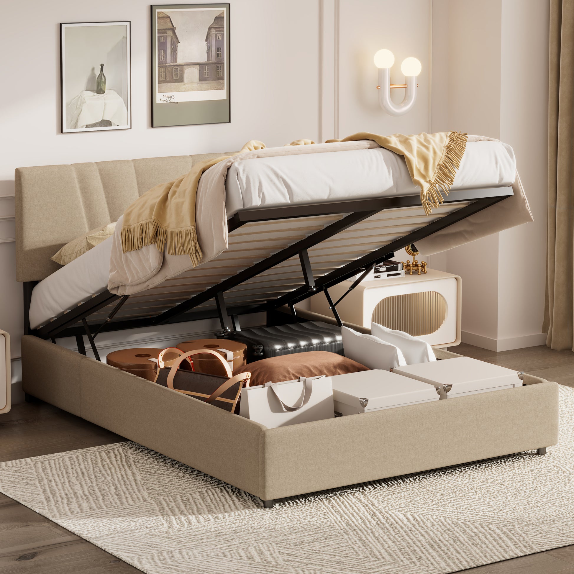 Queen Upholstered Platform Bed With Lifting Storage, Queen Size Bed Frame With Storage And Tufted Headboard,Wooden Queen Platform Bed For Kids Teens Adults,No Box Spring Needed Queen, Beige Box Spring Not Required Queen Light Beige Wood Bedroom American