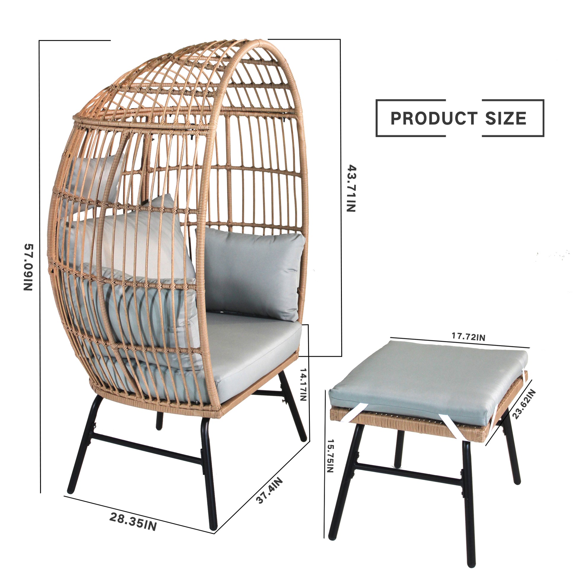 Outdoor Garden Wicker Egg Chair And Footstool Patio Chaise, With Cushions, Outdoor Indoor Basket Chair Yes Blue Neutral Seats 2 Garden & Outdoor European,Modern Steel