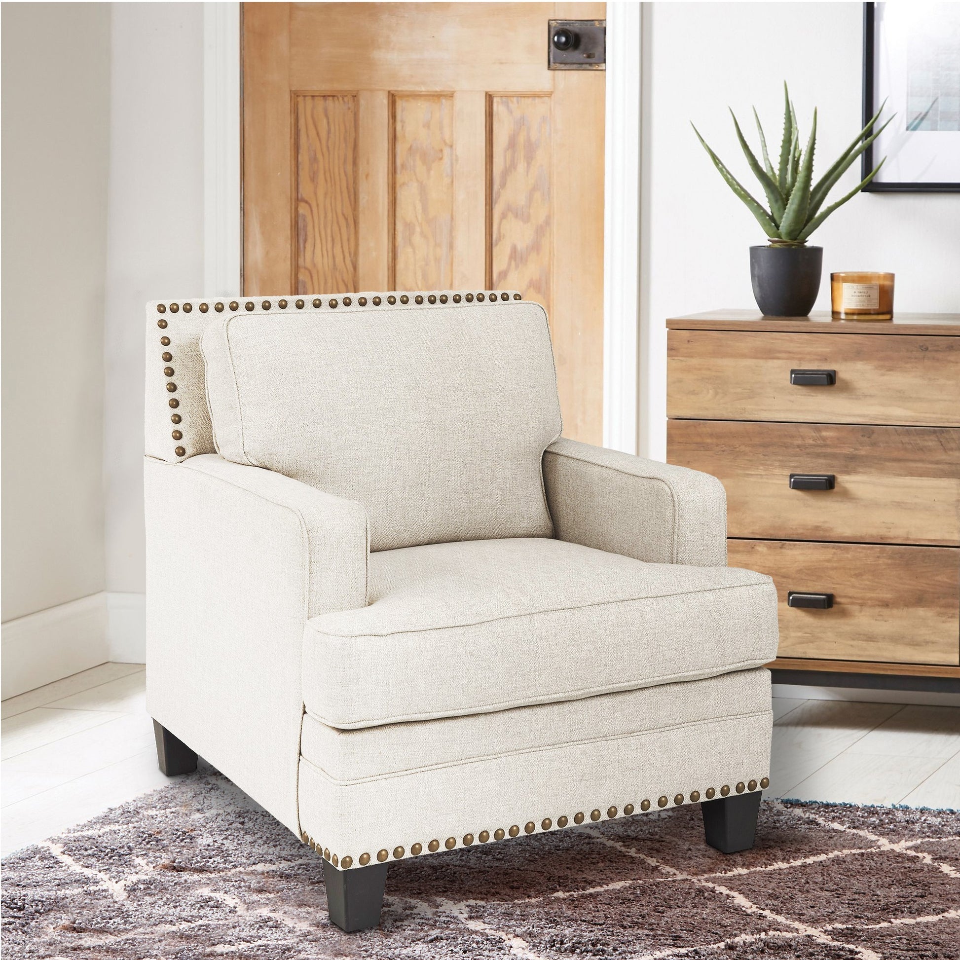 Fabric Upholstered Wooden Chair With Trims, Beige Beige Wood Fabric